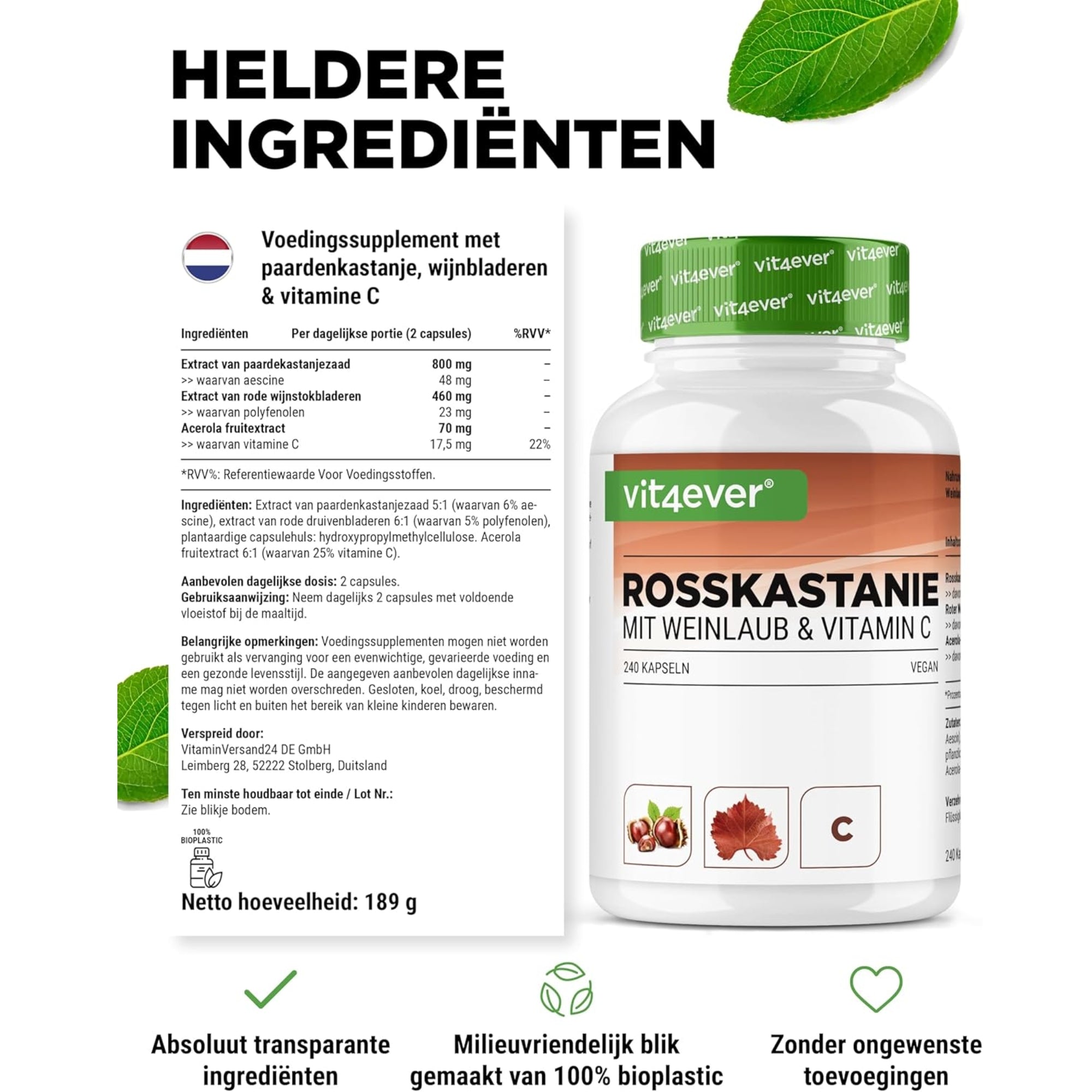 Paardenkastanje & Rood Wingerd met Vitamine C | 240 capsules | vit4ever