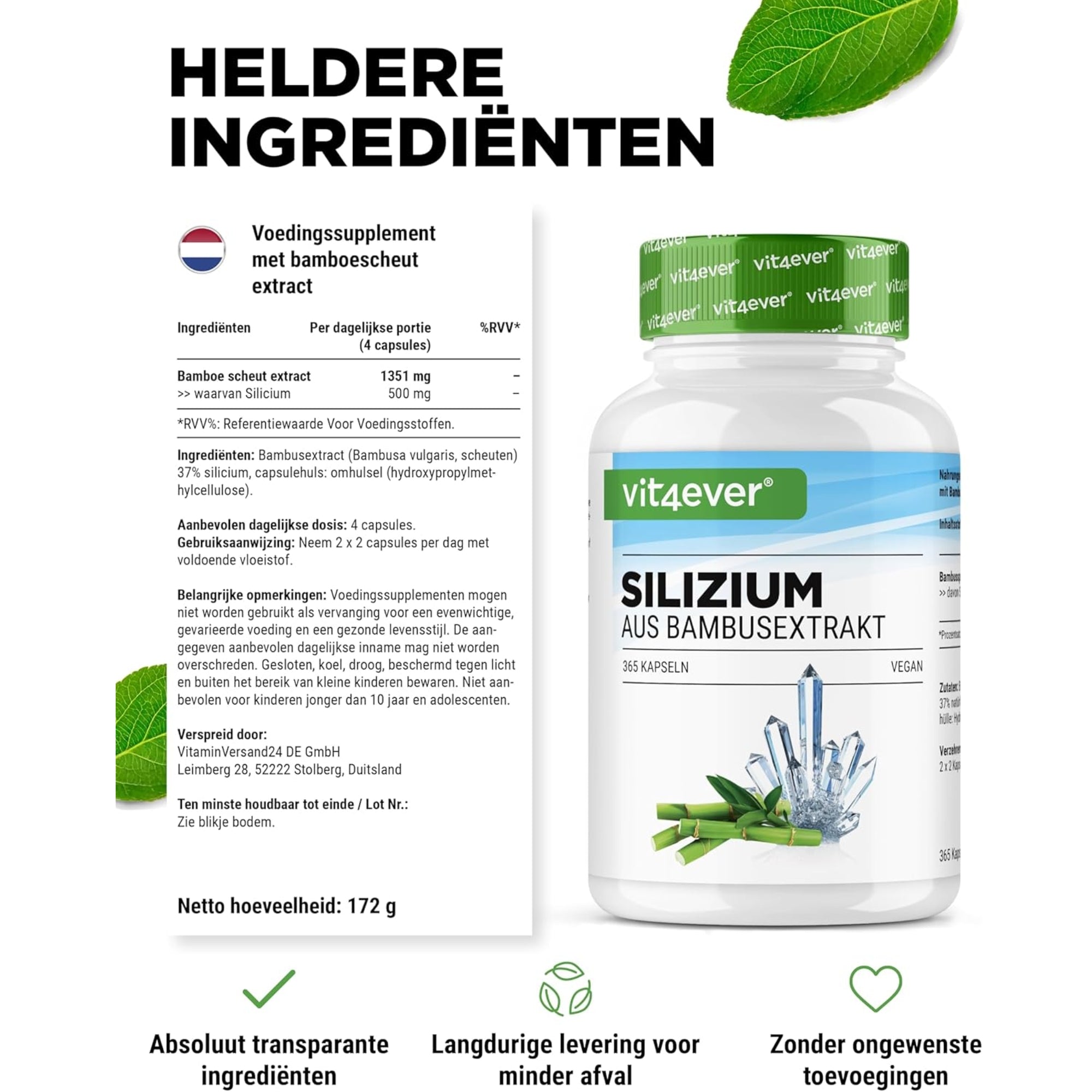 Silicium uit bamboe-extract 500mg | 365 capsules | Vit4ever