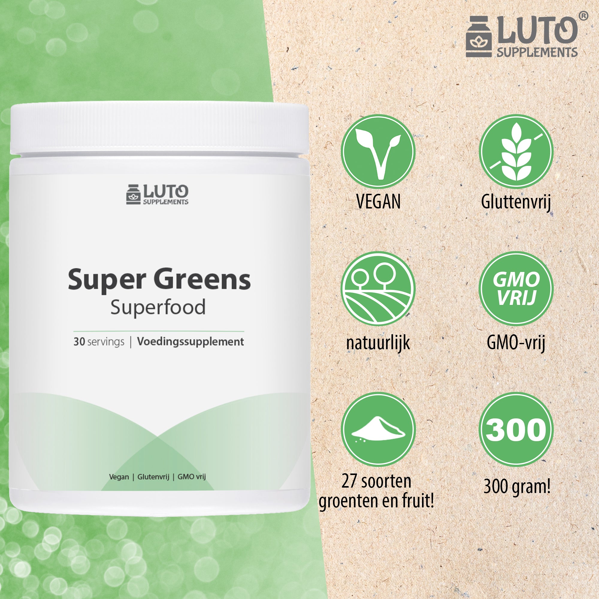 Super Greens | 300g | Superfood Mix | probiotica Lactospore | 27 soorten groenten en fruit | Vegan | GMO-vrij | Gluttenvrij | Luto Supplements