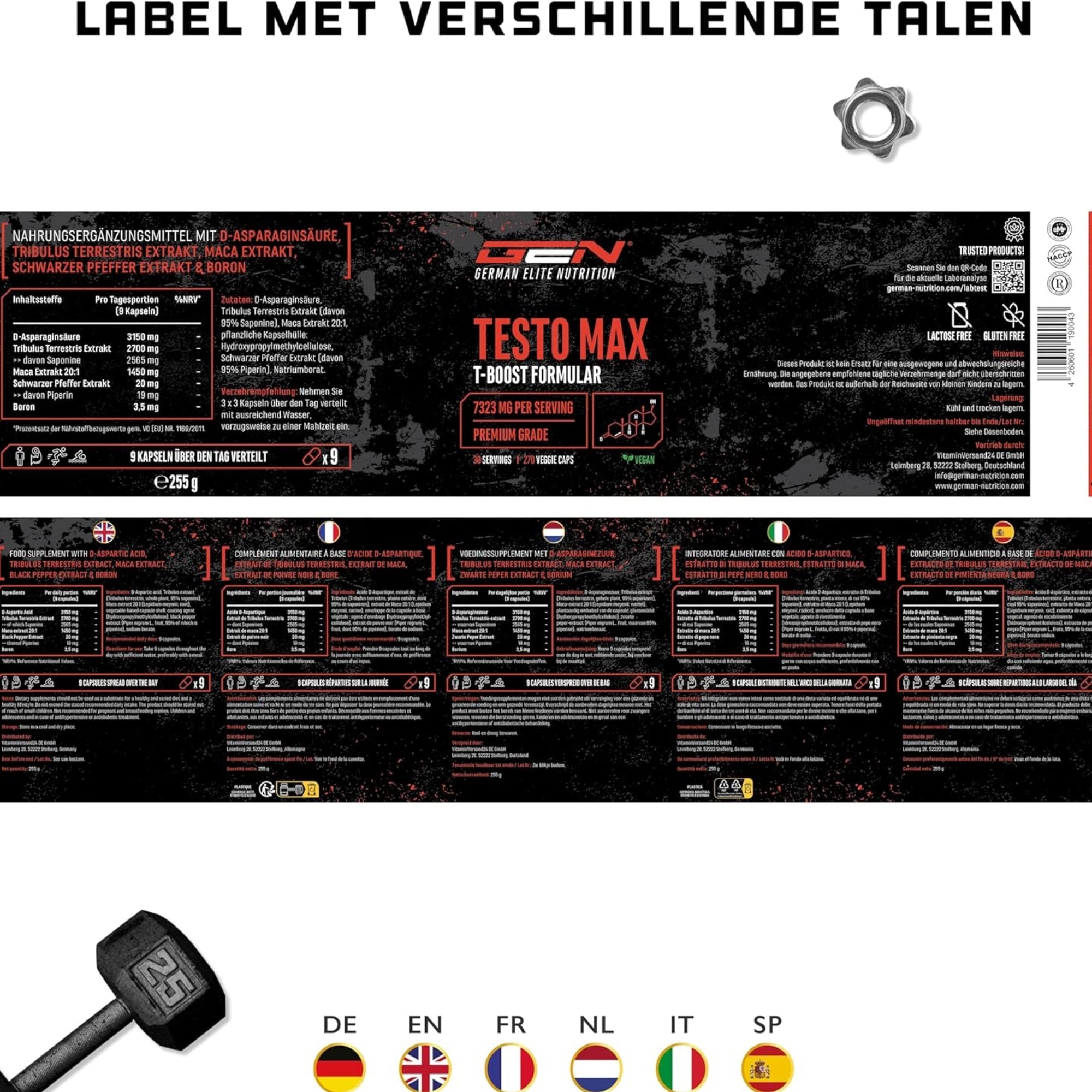Testosterone Booster / Testo MAX | 270 capsules | Extra sterk: Hoog gedoseerd met 7320 mg | German Elite Nutrition