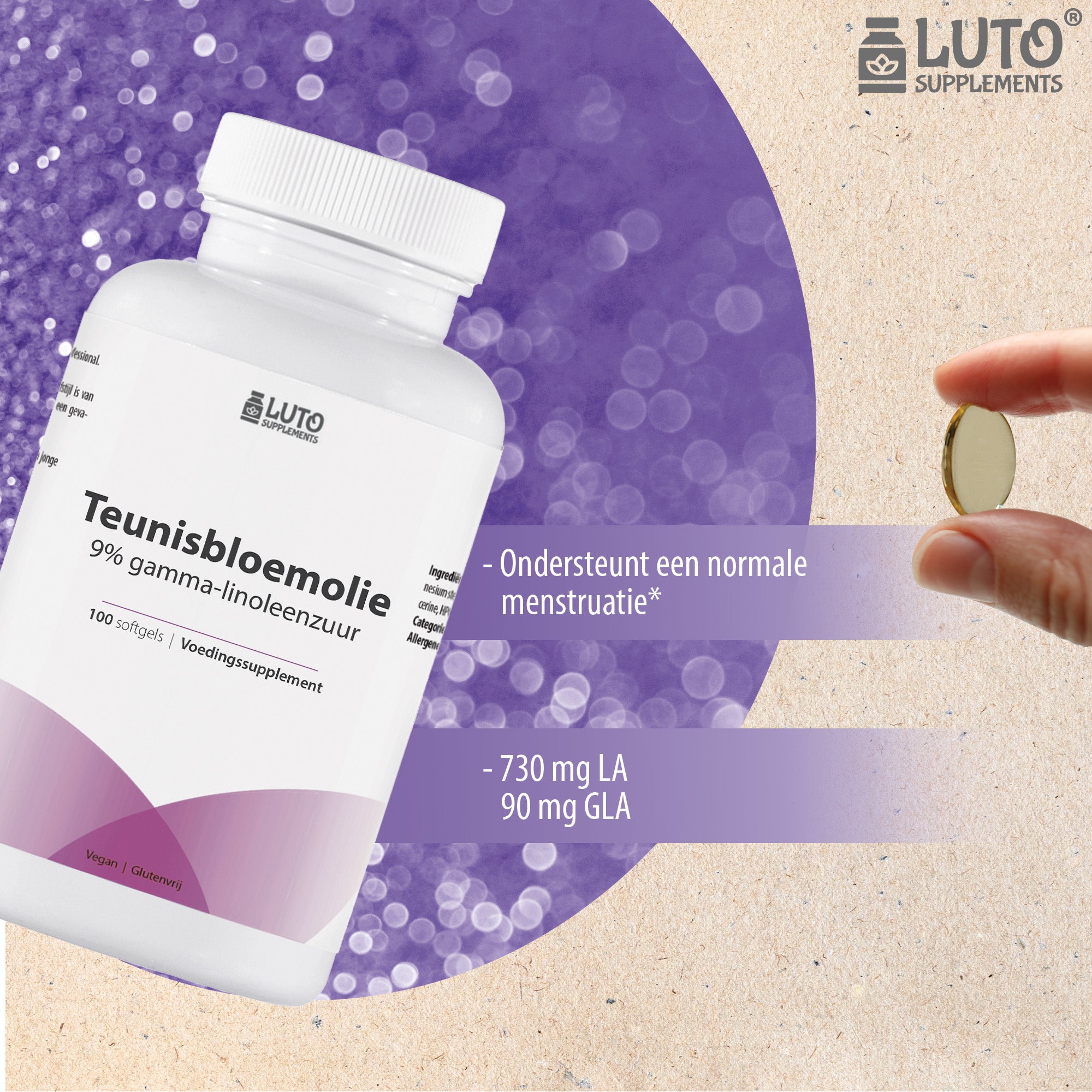 Teunisbloemolie | 1000mg | Premium: 9% gamma-linoleenzuur GLA | 100 softgels | Ondersteunt een normale menstruatie* | Luto Supplements