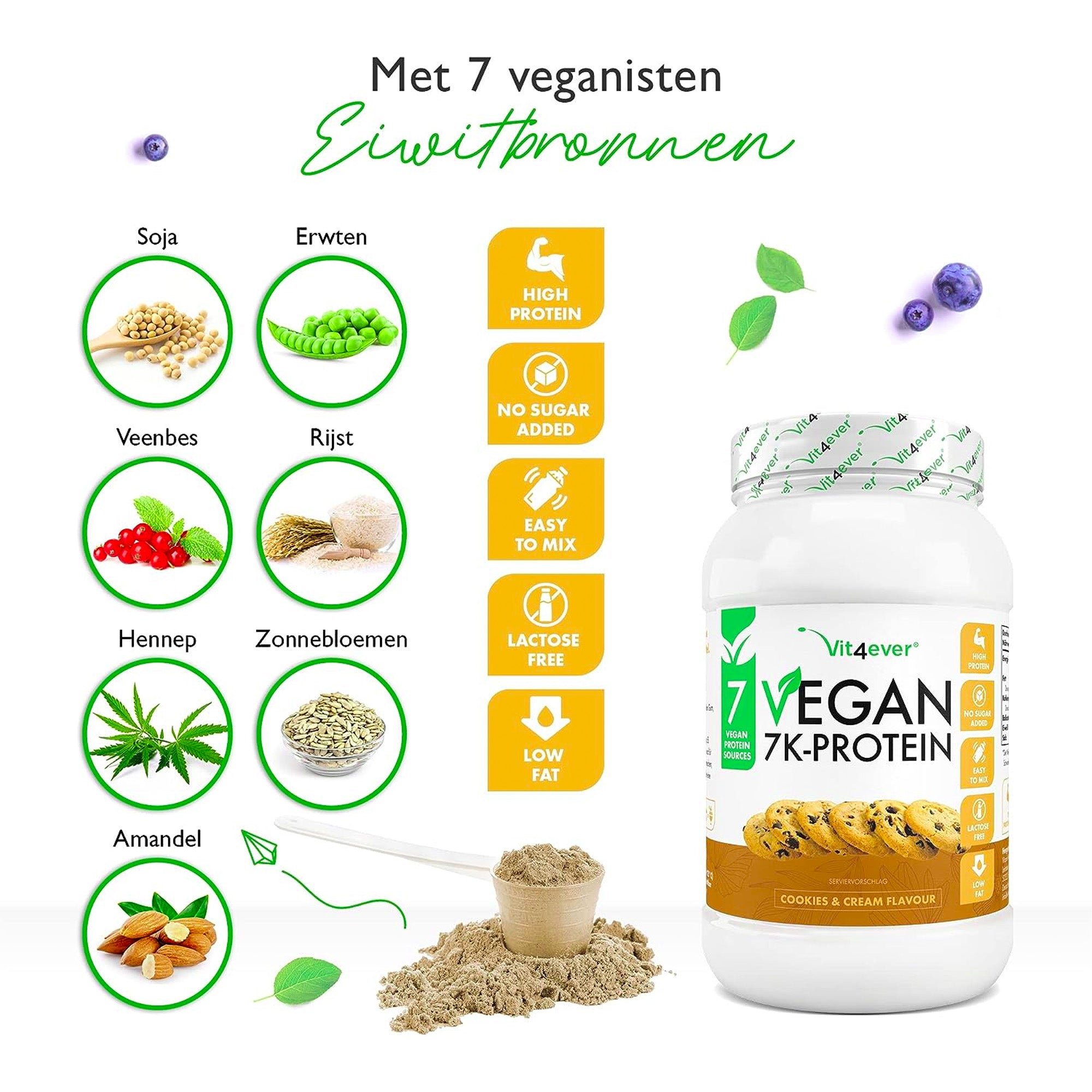 7 veganistische eiwitbronnen: rijst, amandel, soja, erwten, hennep, cranberry, zonnebloemeiwit.