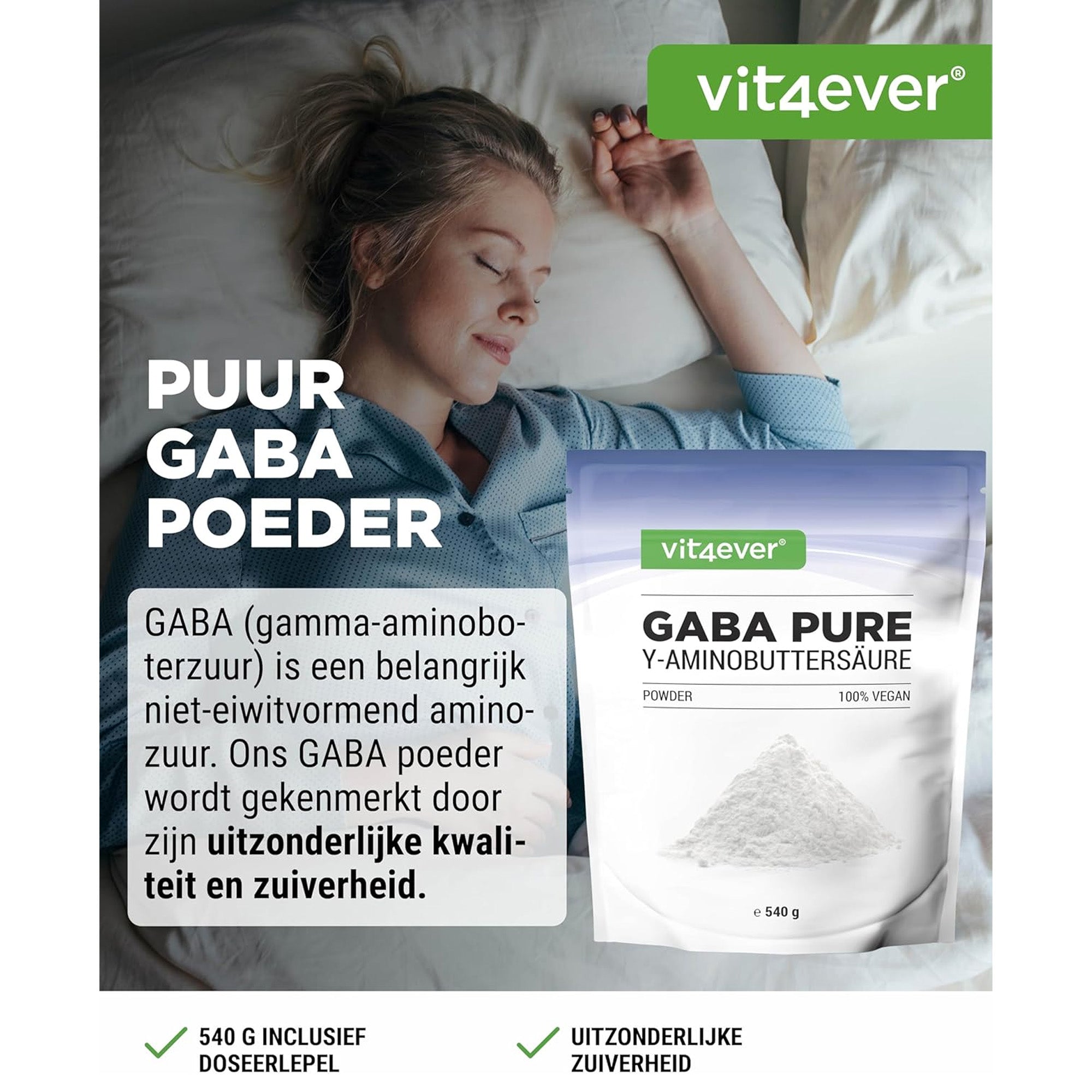 GABA Pure | 540 g zuiver poeder zonder toevoegingen | laboratoriumgetest | 100% gamma-aminoboterzuur | 180 porties | veganistisch | Vit4ever