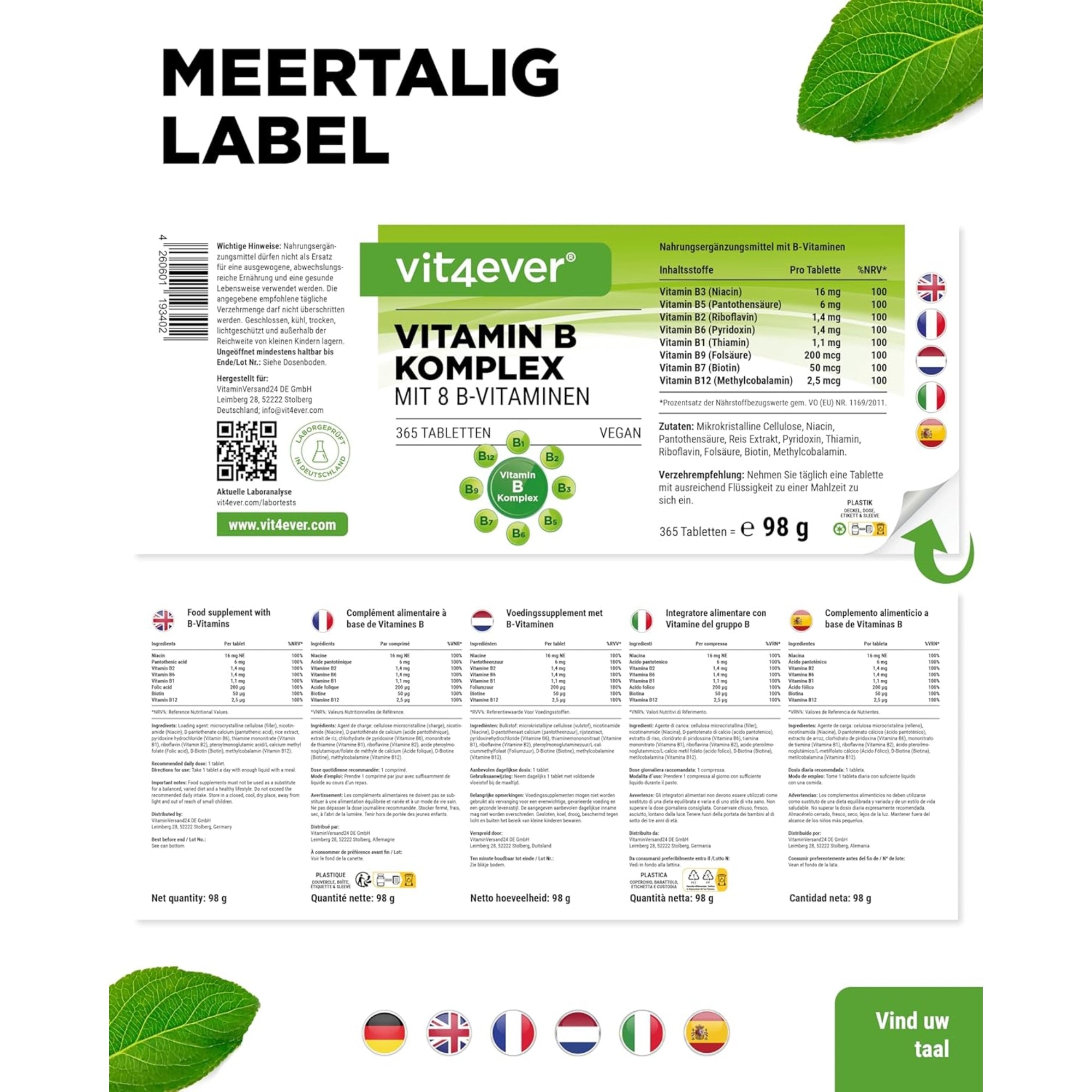 Vitamine B-complex | 365 tabletten | Vit4ever