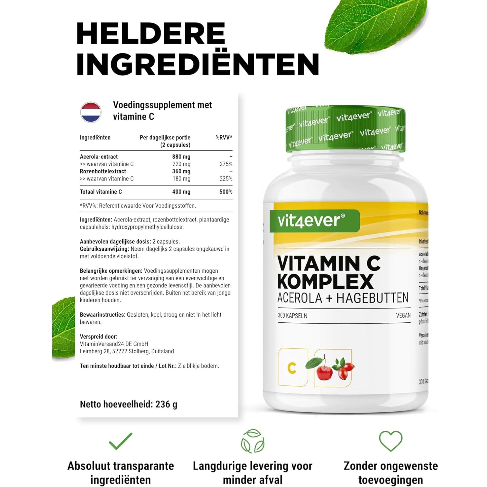 Vitamine C Complex (Acerola + Rozenbottel) | 300 capsules | Vit4ever