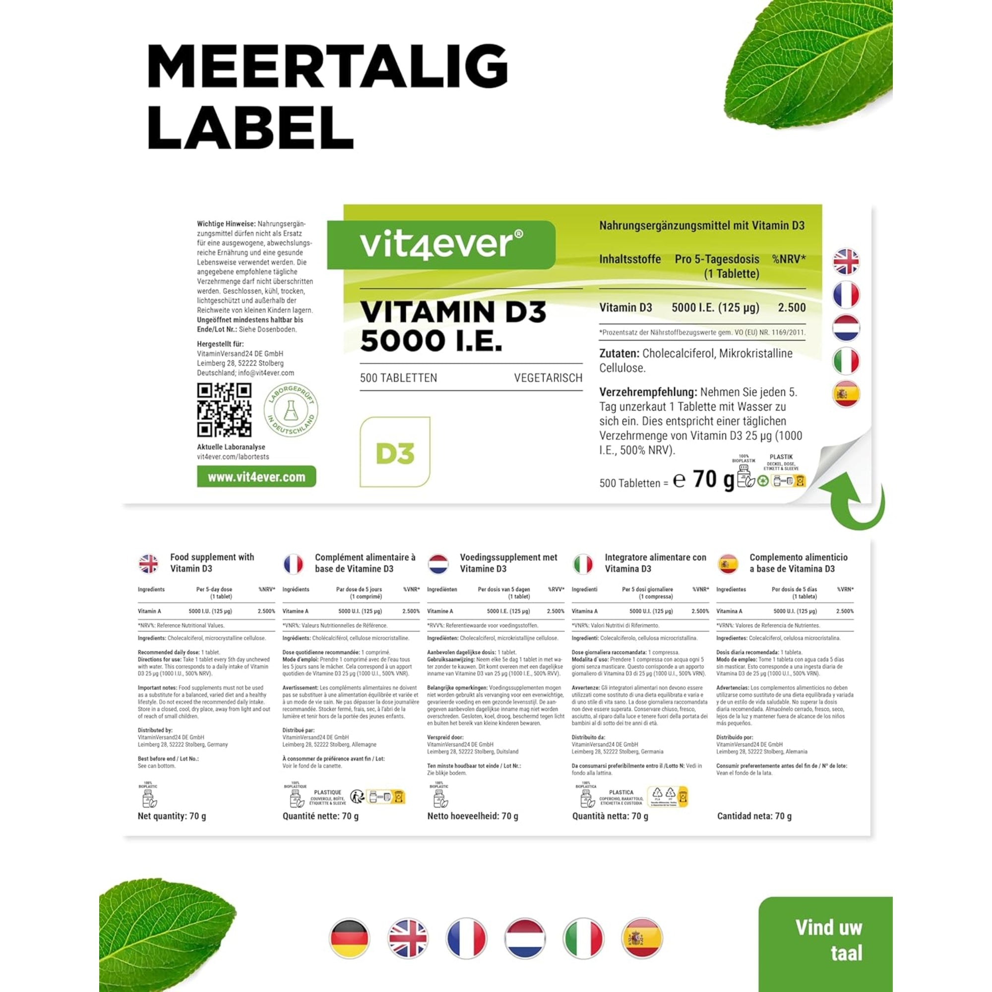 Vitamine D3 5.000IE | 5.000 I.E. | 500 tabletten | vit4ever