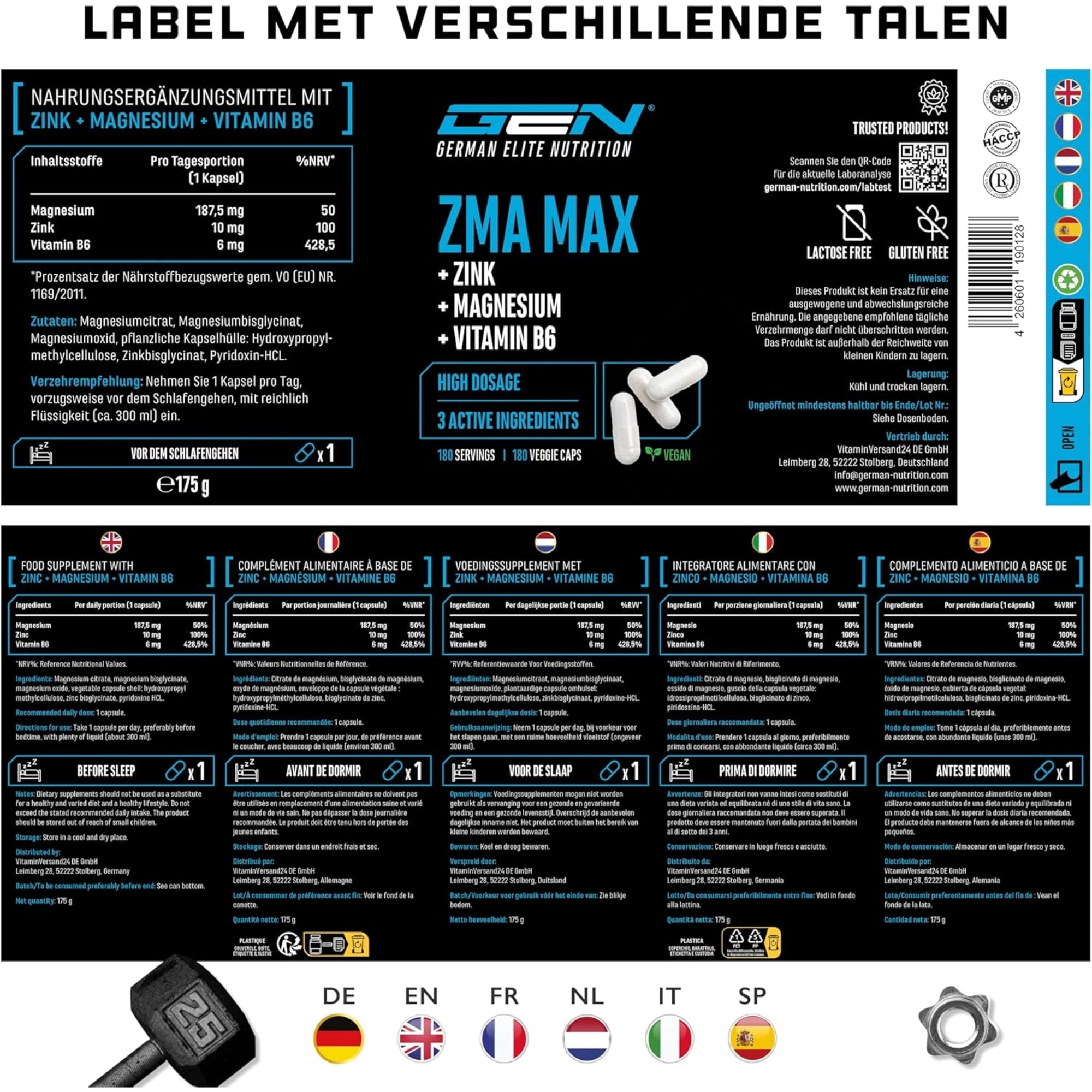 ZMA MAX Zink, Tripple Magnesium & Vitamine B6 | 180 Capsules | German Elite Nutrition