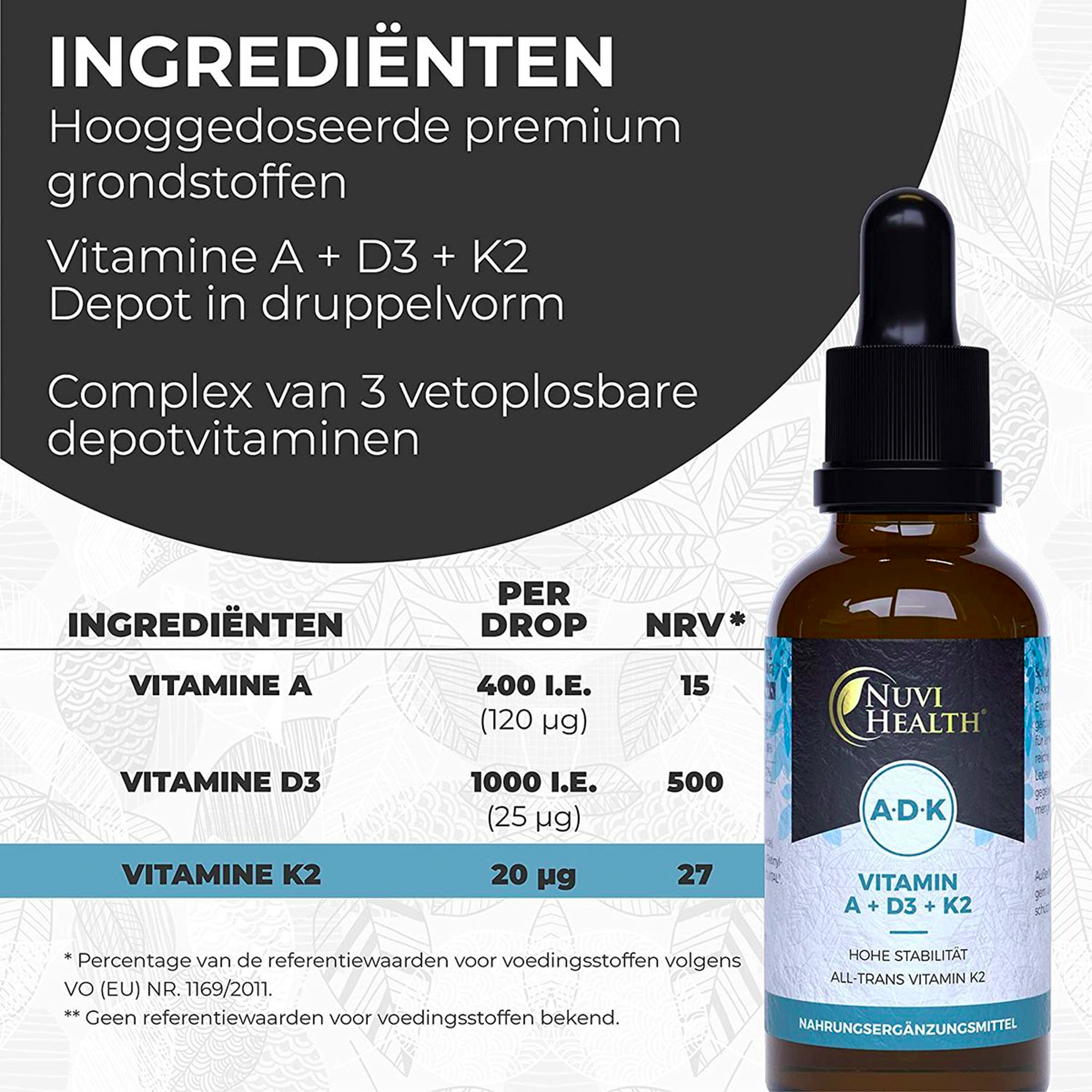 Vitamine A 400 IE + D3 1000 IE + K2 20 mcg Druppels | 50 ML (XL Flacon) | Nuvi Health