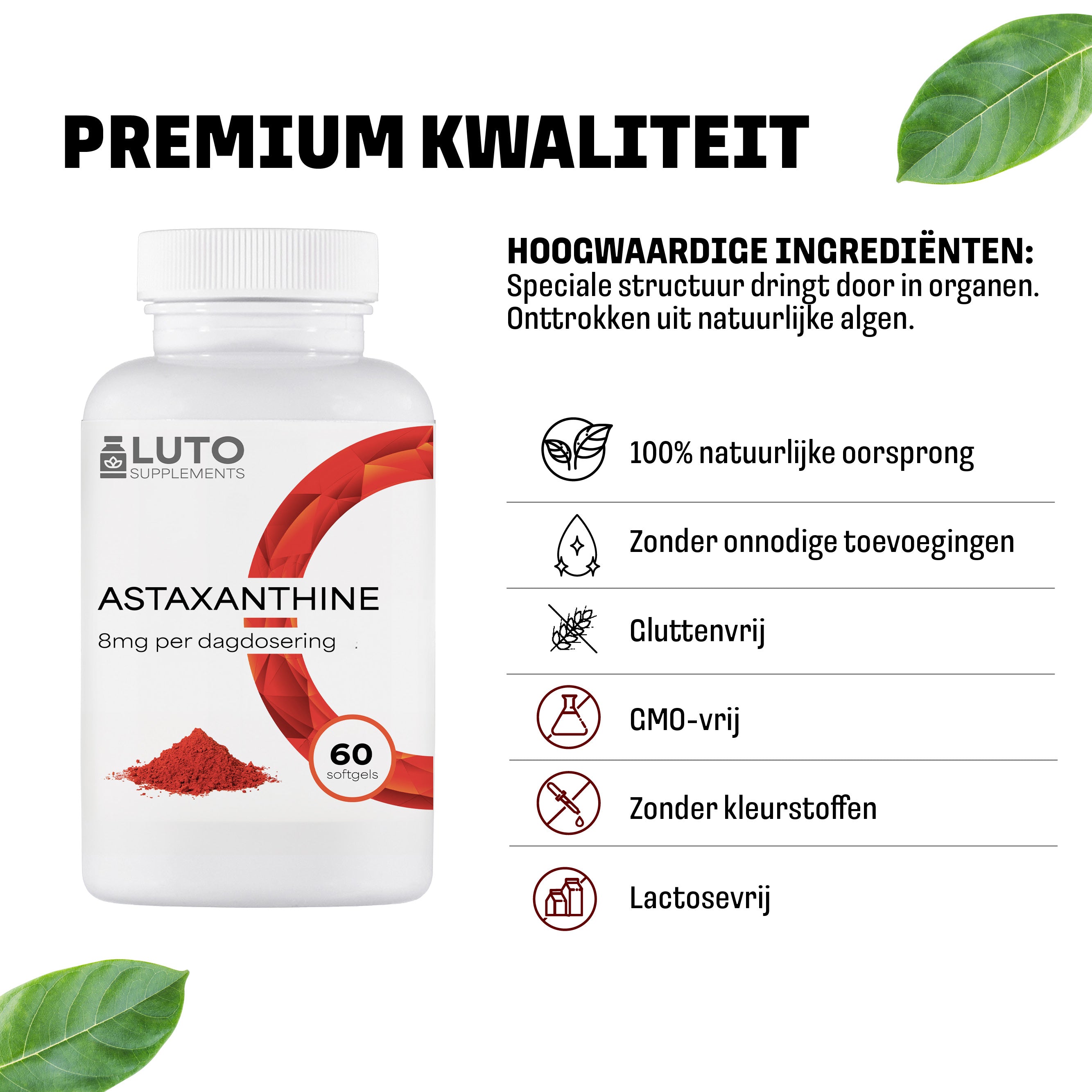 Astaxanthine 8 mg Depot | 60 softgel capsules | Uit zuivere Haematococcus Pluvialis microalgen | AstraReal & Vitamine E | Luto Supplements