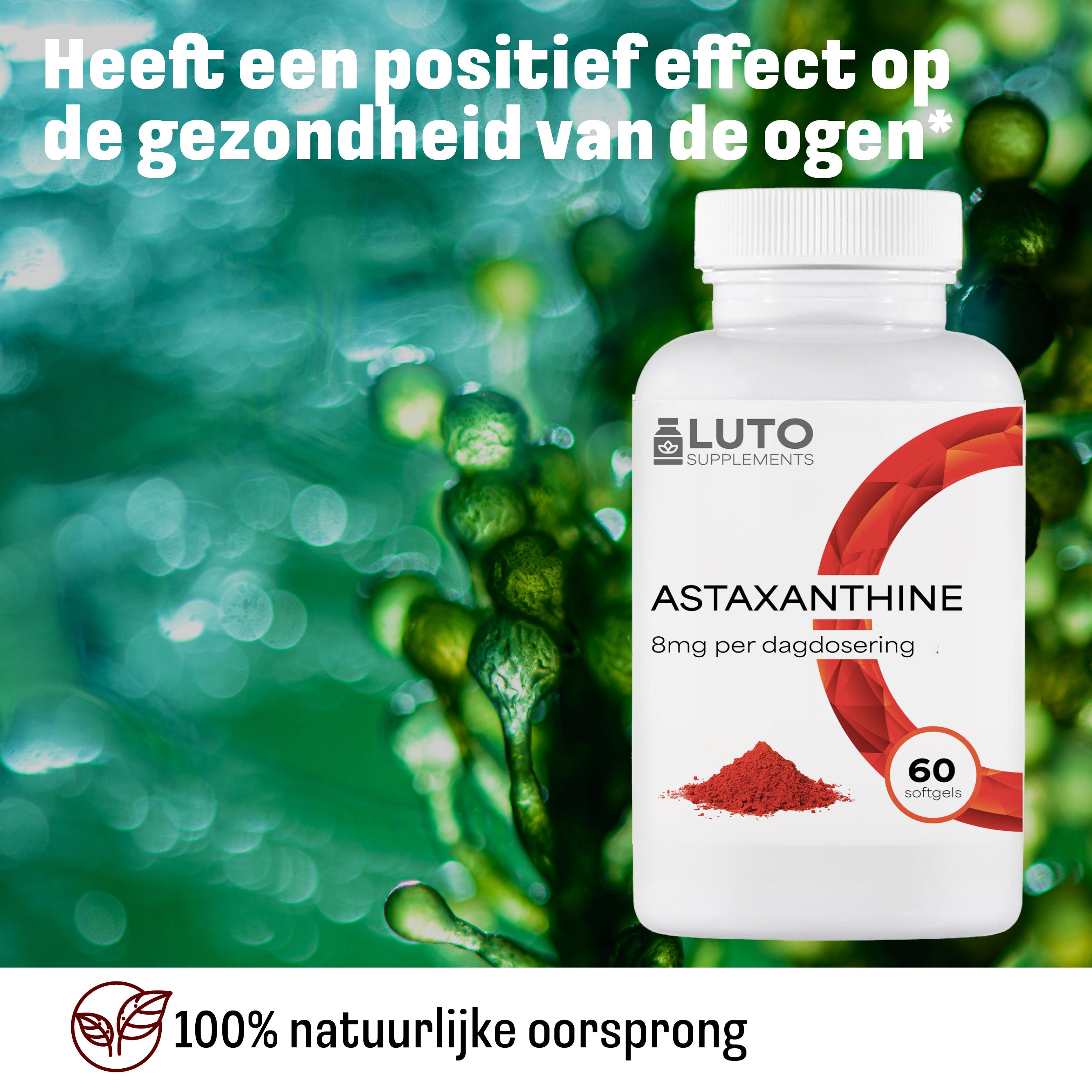 Astaxanthine 8 mg Depot | 60 softgel capsules | Uit zuivere Haematococcus Pluvialis microalgen | AstraReal & Vitamine E | Luto Supplements