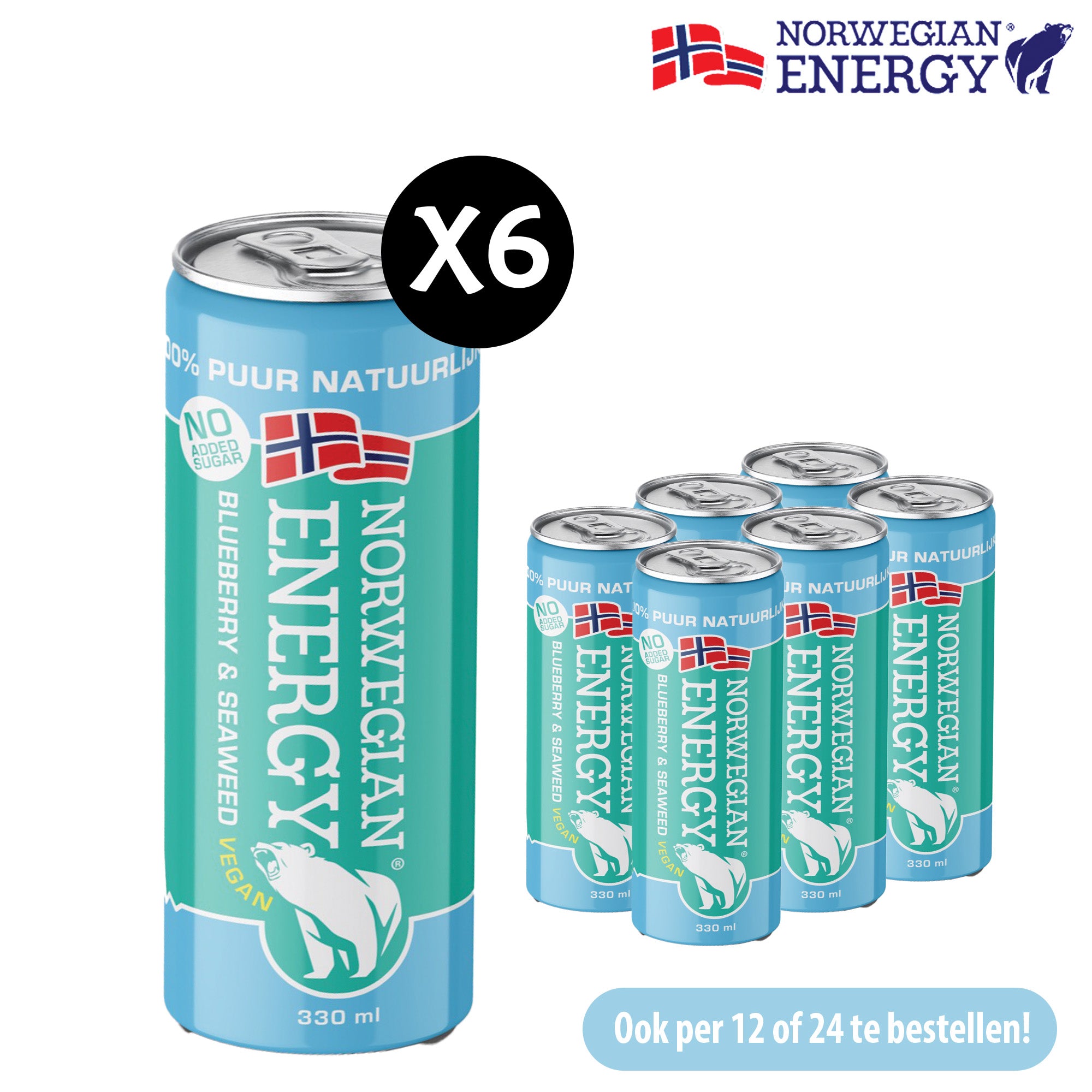 Norwegian Energy | Vegan blueberry & plantaardige kelp | 6 x 0,33 L - Gezonde energie drank | Yerba mate