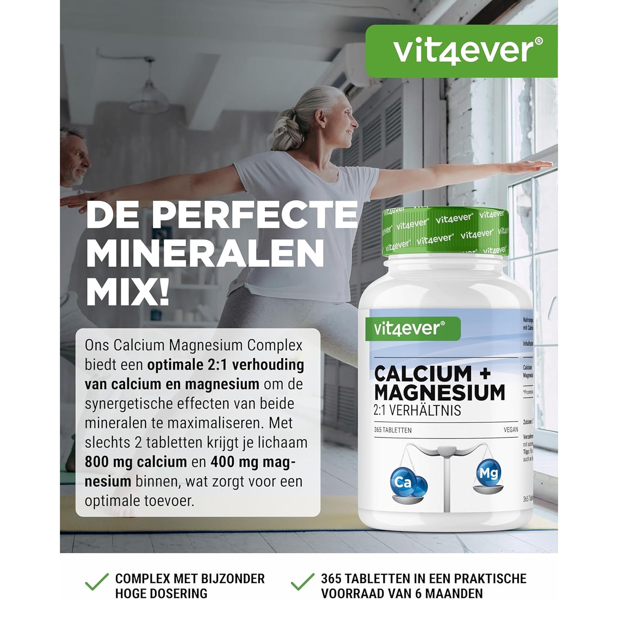 Calcium + Magnesiumoxide | 1200mg | 2:1 verhouding | 365 Tabletten | Vit4ever