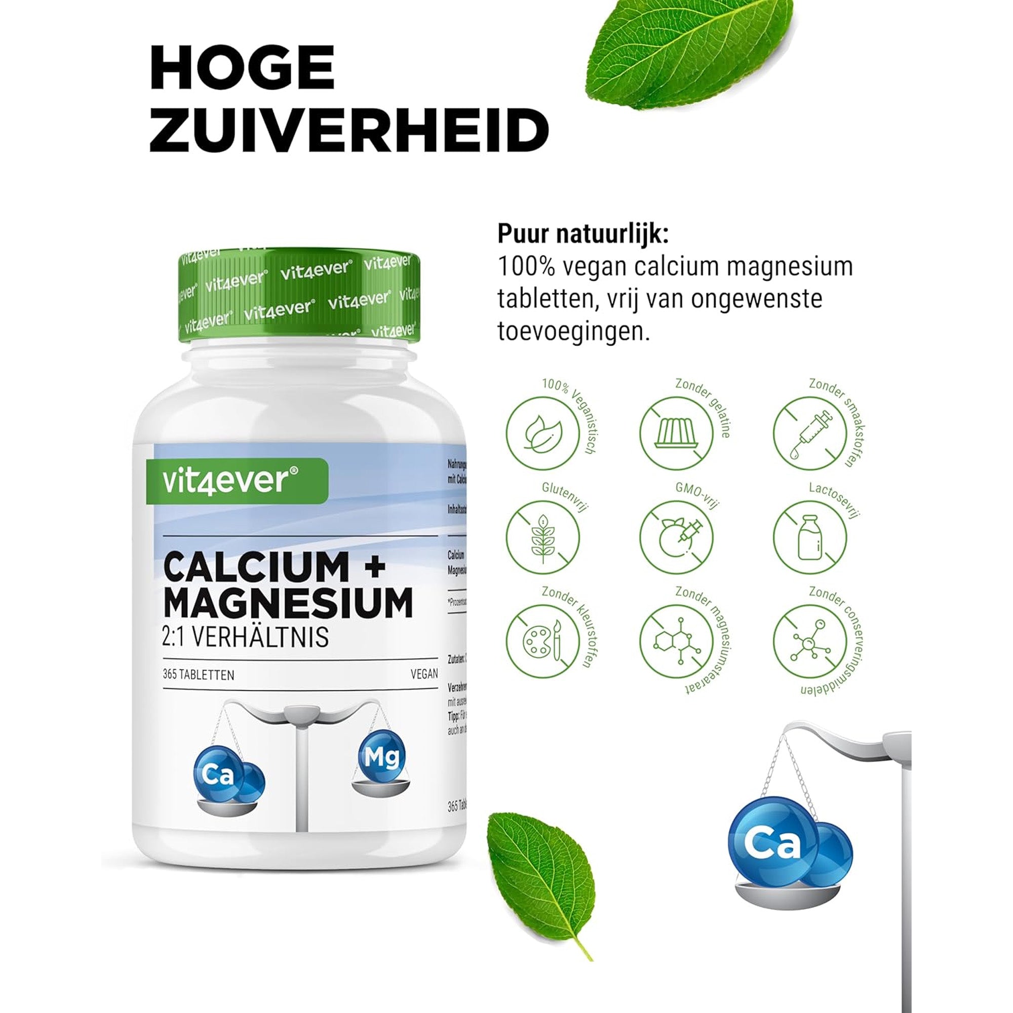 Calcium + Magnesiumoxide | 1200mg | 2:1 verhouding | 365 Tabletten | Vit4ever