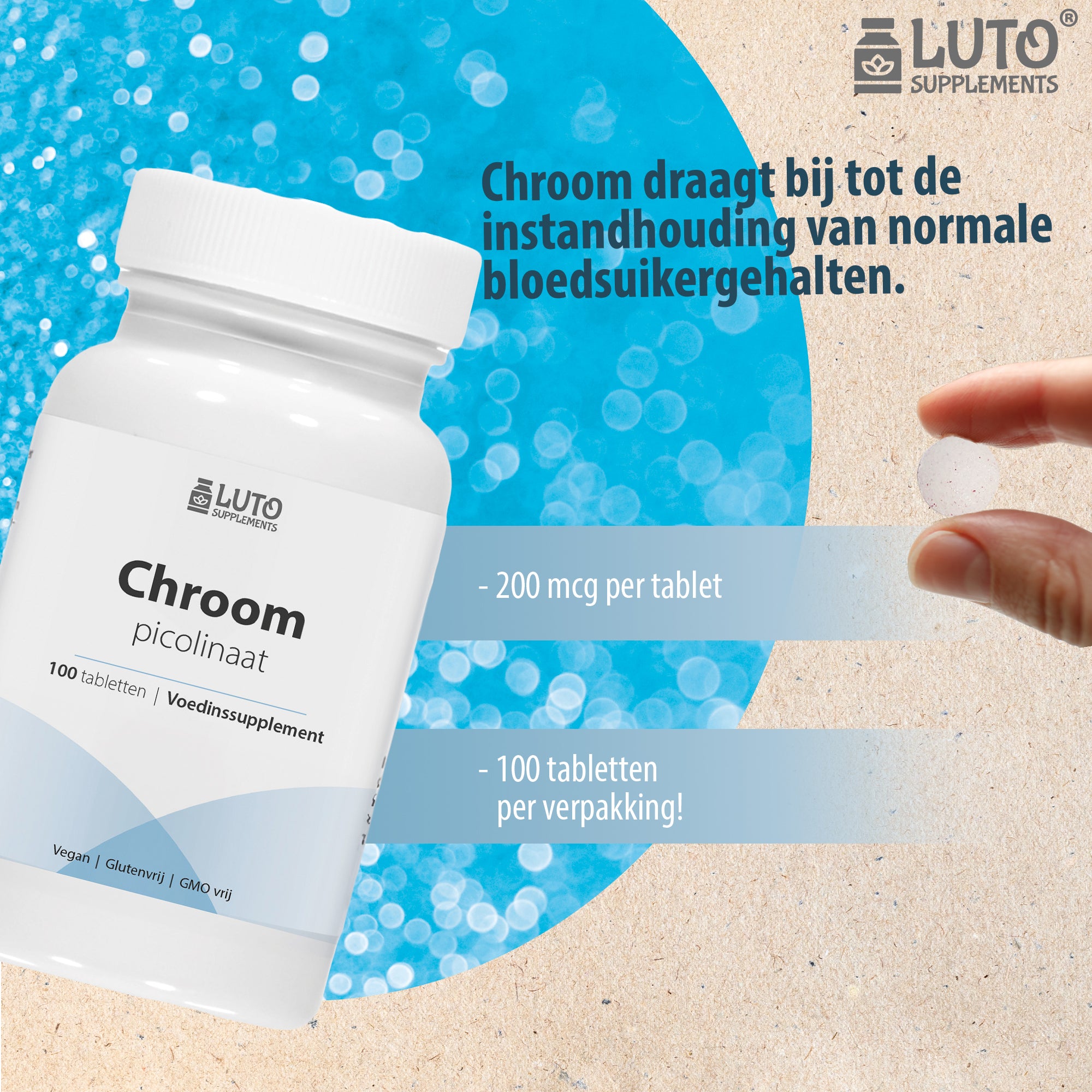 Chroom / Chromium Picolinaat | 200mg | 100 Tabletten | Organische verbinding | Ondersteunt het bloedsuikergehalte normaal te houden | Vegan | LUTO Supplements
