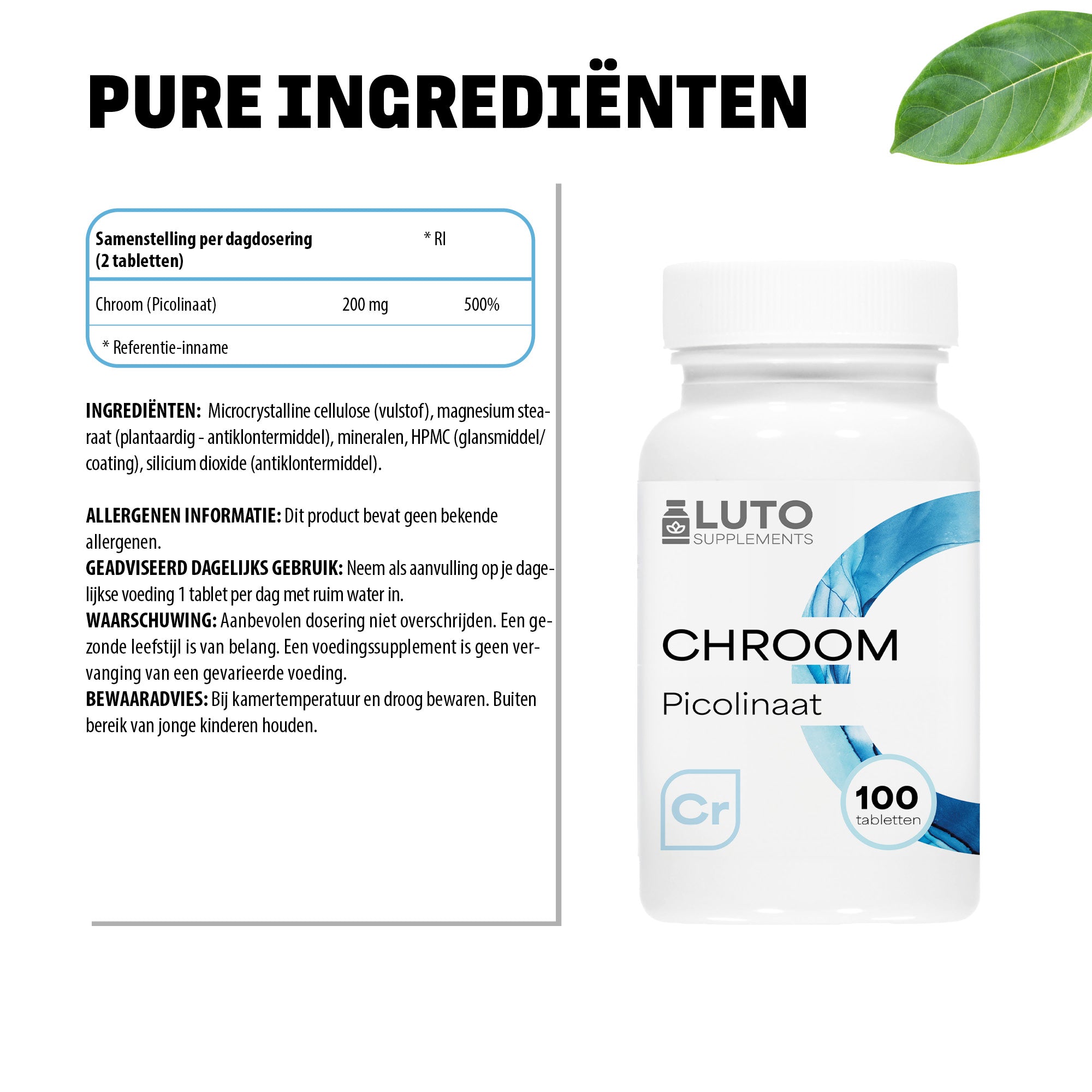 Chroom / Chromium Picolinaat | 200mg | 100 Tabletten | LUTO Supplements