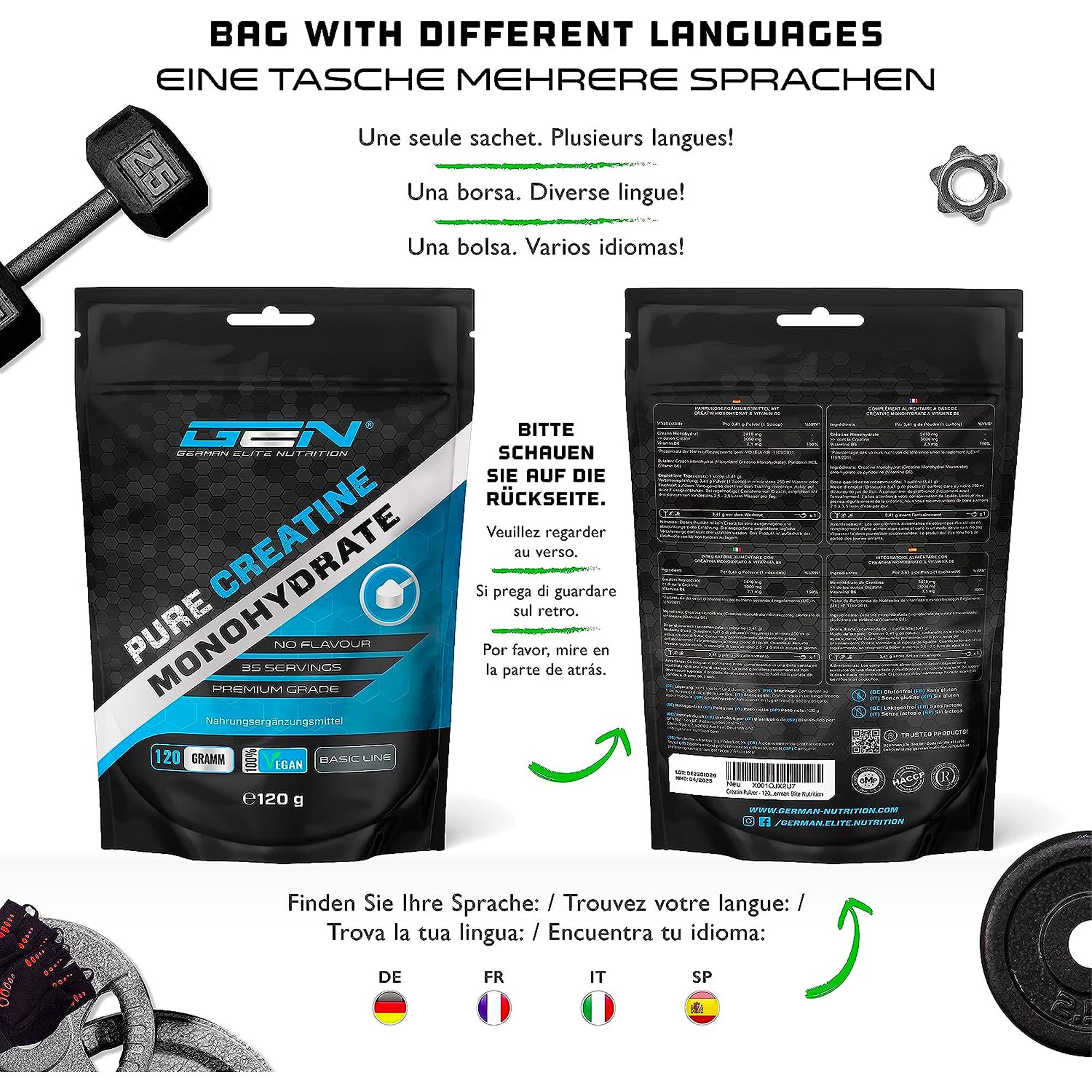 Creatine Poeder | 120 g | Puur Creatine Monohydraat | Optimale oplosbaarheid | Veganistisch | Puur Poeder | German Elite Nutrition