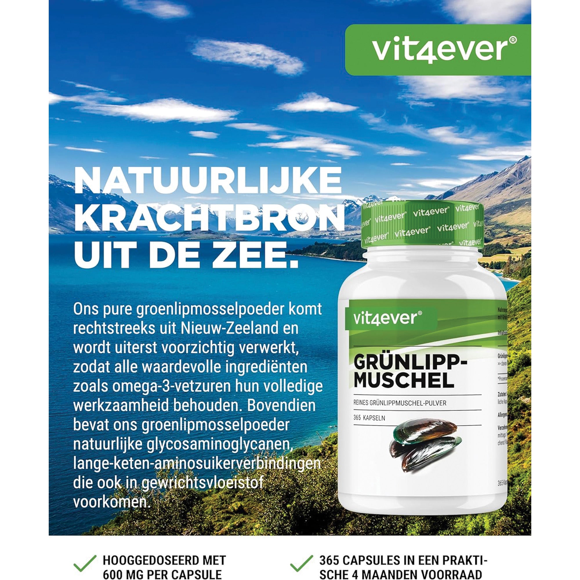 Vit4ever Groenlipmossel | 365 capsules met elk 600 mg | Premium: met glycosaminoglycanen - hoge dosering groenlipmosselextract | 100% groenlipmosselpoeder uit Nieuw-Zeeland zonder toevoegingen | laboratorium getest