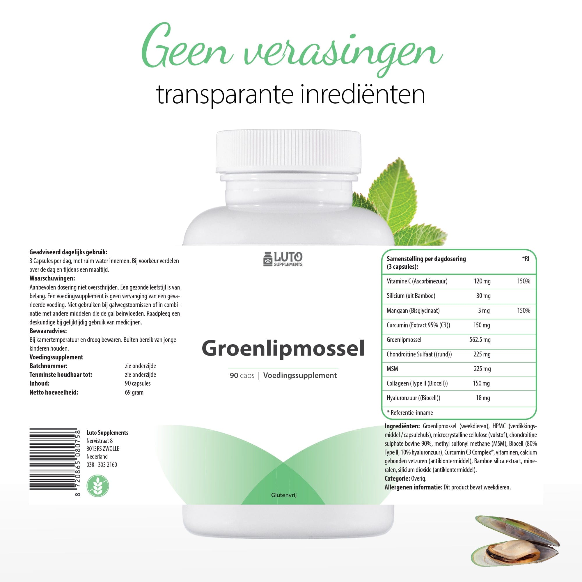 Groenlipmossel | 90 capsules | rijk aan omega-3 | silicium | mangaan | Luto Supplements