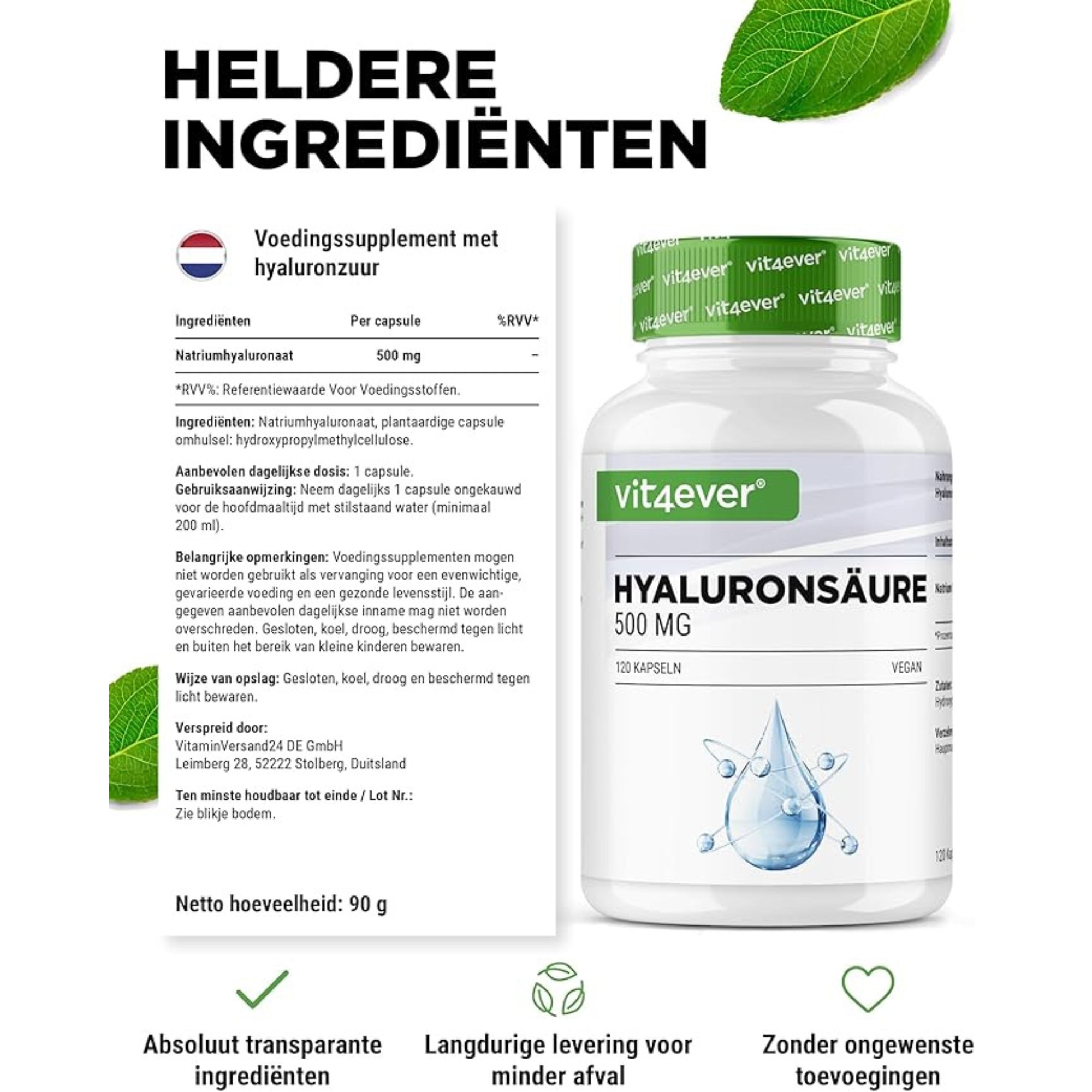 Hyaluronzuur 500mg per capsule | 120 stuks | Vit4ever