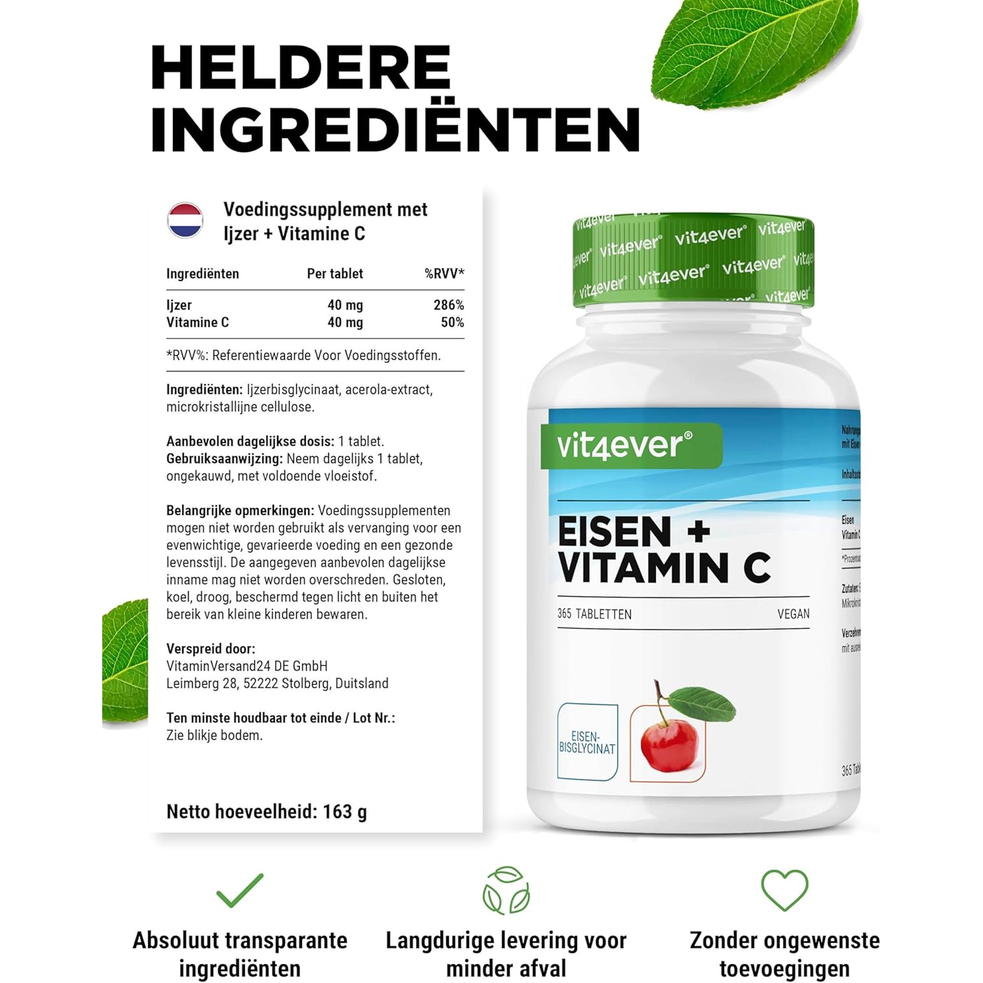 365 vegan ijzertabletten van Vit4ever, een jaar lang ijzer en vitamine C