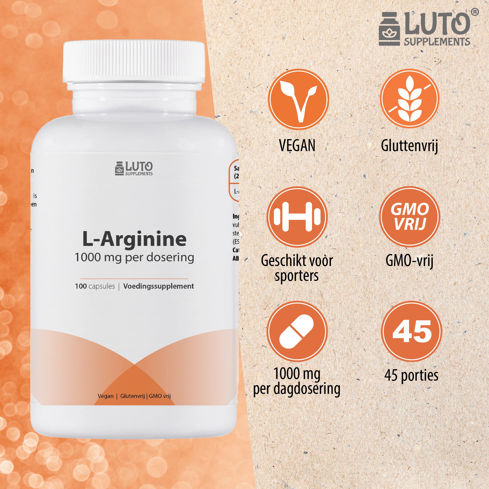 L-Arginine | 100 Capsules | 500mg | Pre-workout Aminozuur | Zuivere vorm uit suikerbietmelasse | Luto Supplements