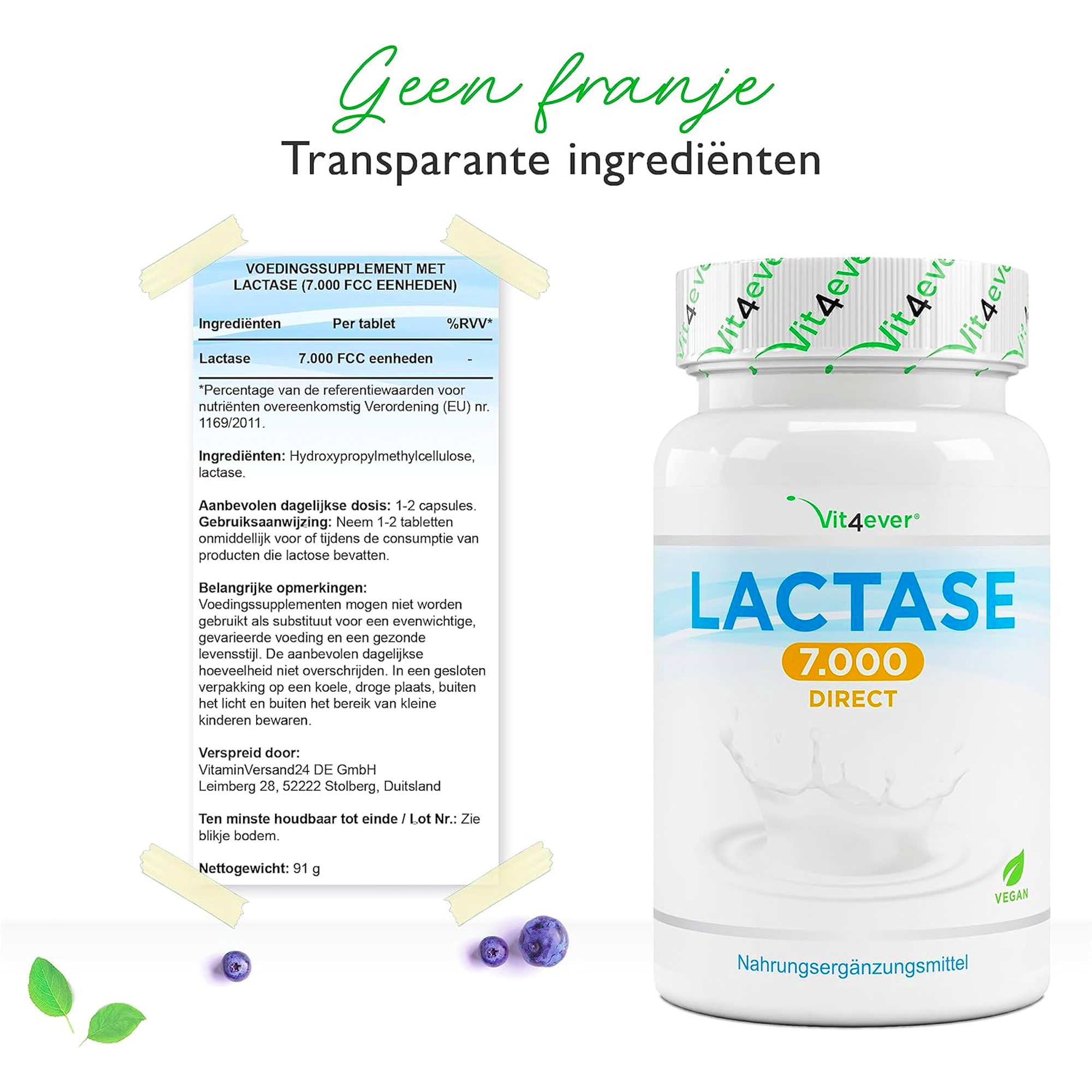 Lactase 7.000 | 365 tabletten Hooggedoseerd met 7.000 FCC-eenheden | Voor lactose-intolerantie + melk-intolerantie | Vit4ever