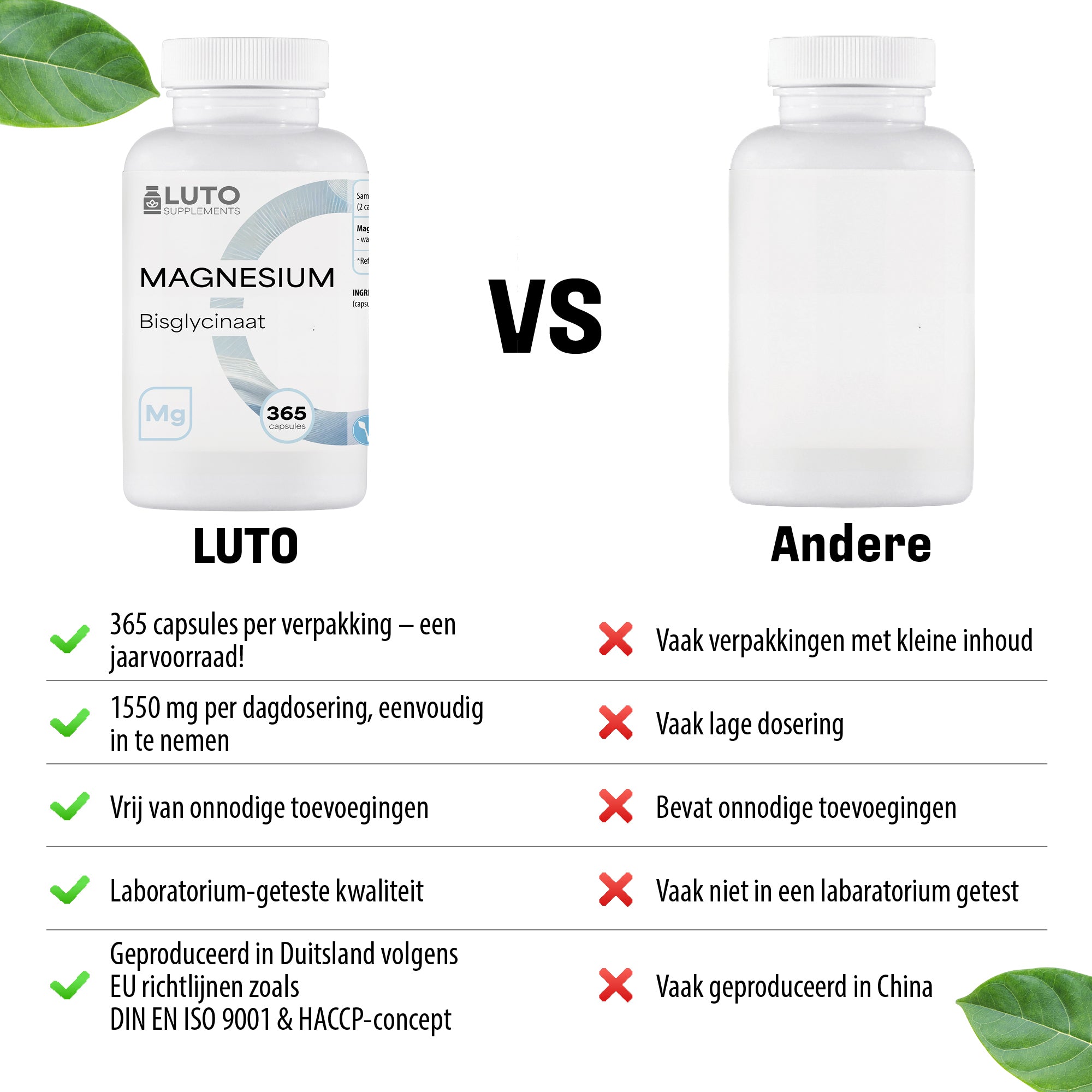 Vergelijking van LUTO Magnesium Bisglycinaat met andere merken; voordelen zoals hoge dosering, jaarvoorraad en geproduceerd volgens EU-kwaliteitsnormen.