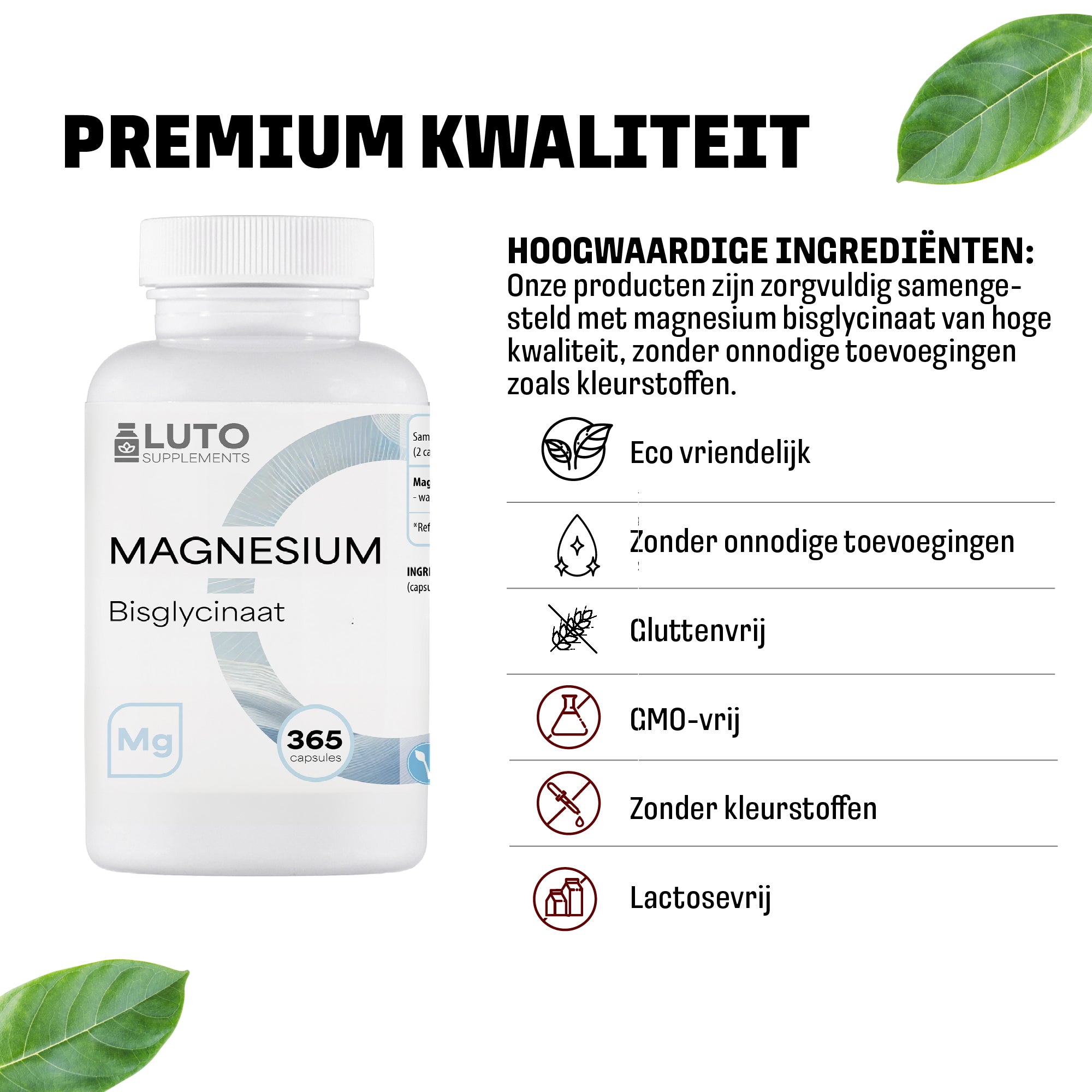 LUTO Magnesium Bisglycinaat helpt bij stress en vermoeidheid; dagelijkse dosis magnesium ter ondersteuning van spieren en energie.