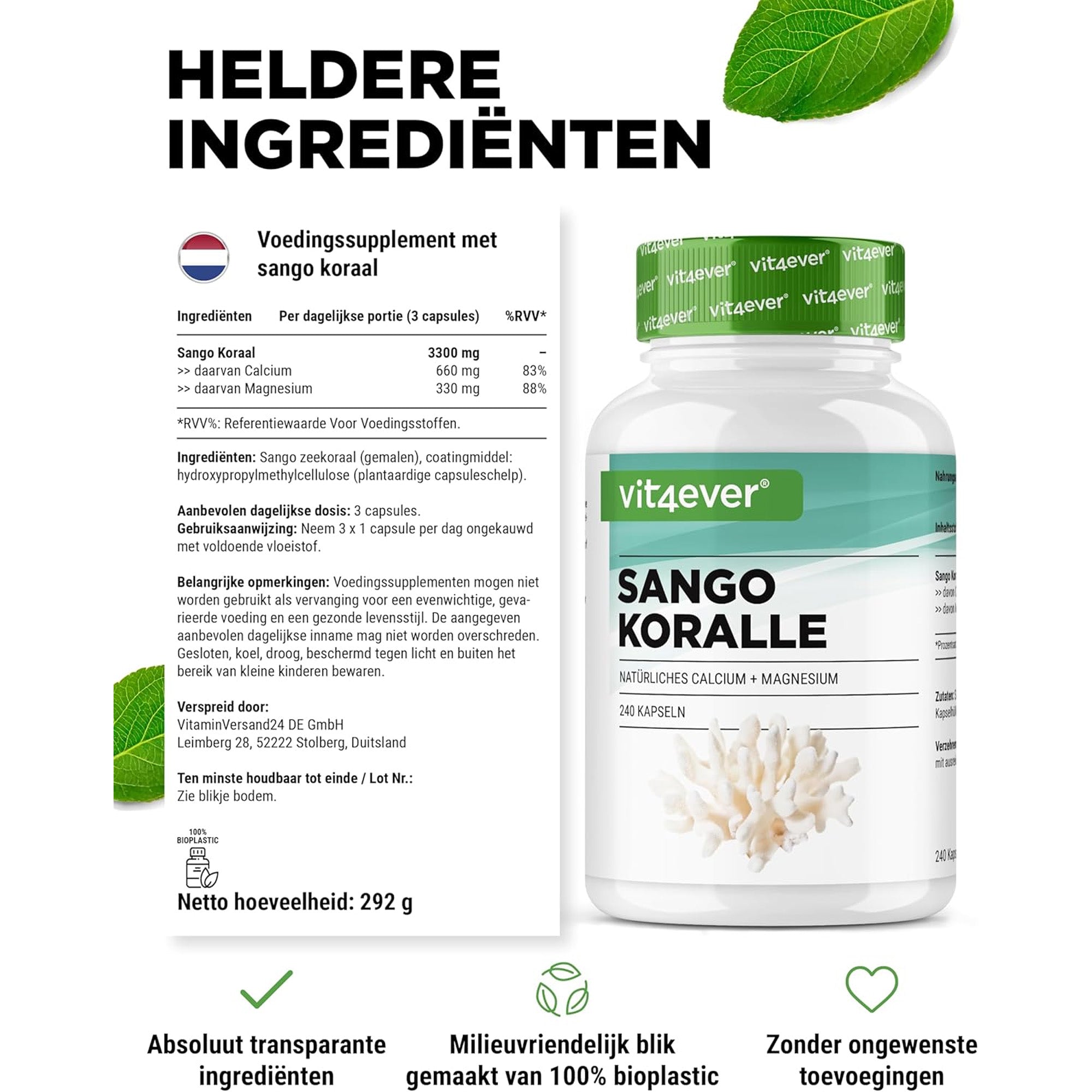 Sango Zeekoraal | 180 capsules (2 maanden) | Natuurlijke bron van calcium (20%) & magnesium (10%) | Vit4ever