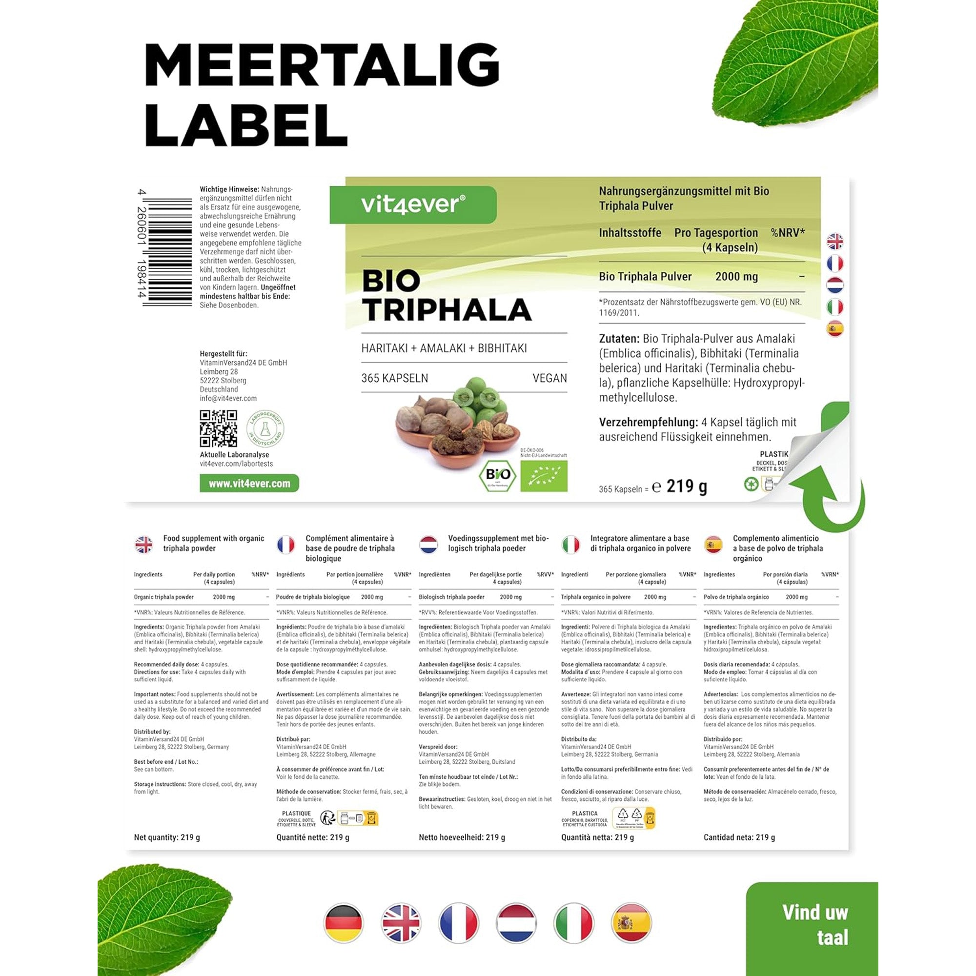Bio Triphala uit de drie Myrobalane-vruchten Amalaki, Bibhitaki & Haritaki  | 365 capsules | Vit4ever