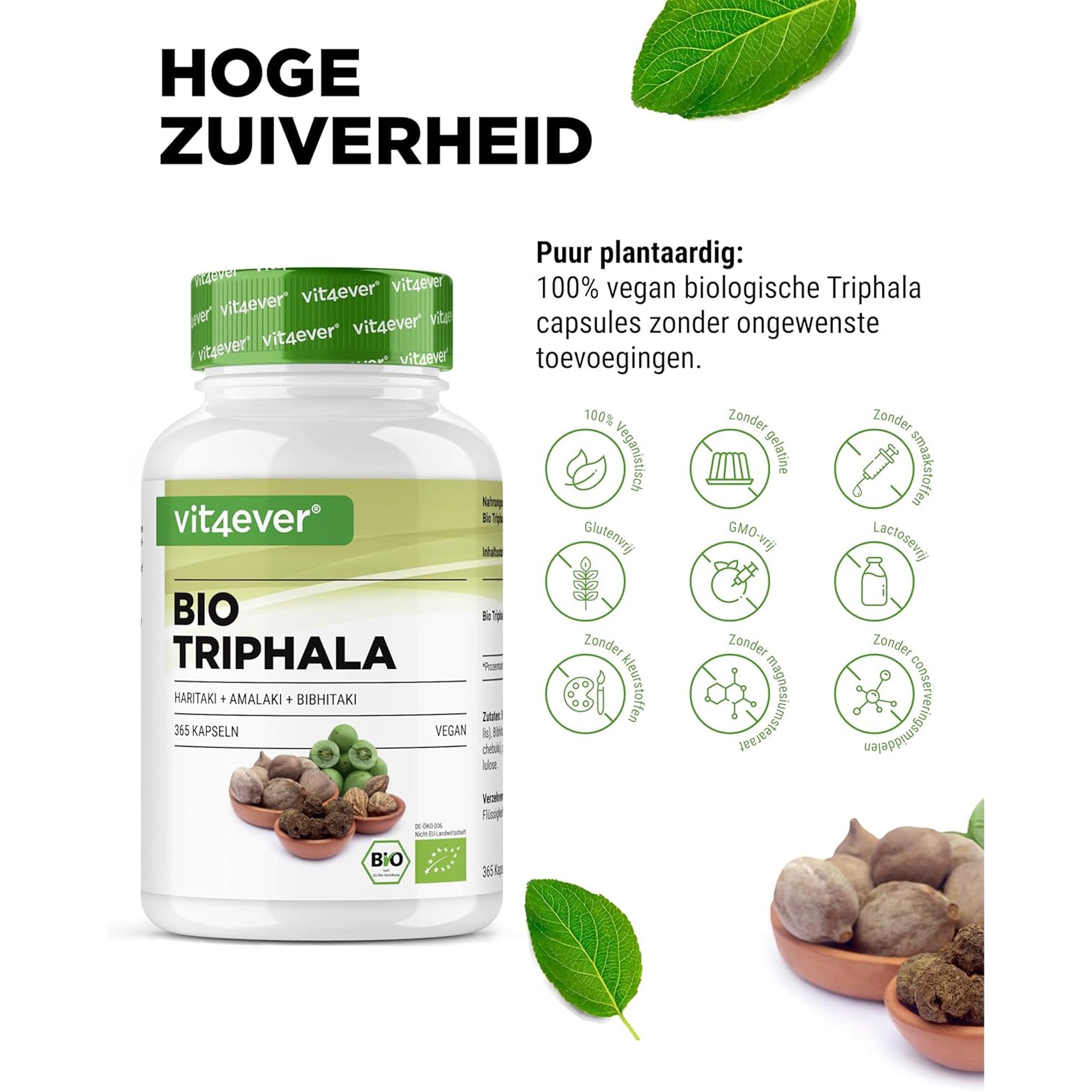 Bio Triphala uit de drie Myrobalane-vruchten Amalaki, Bibhitaki & Haritaki  | 365 capsules | Vit4ever