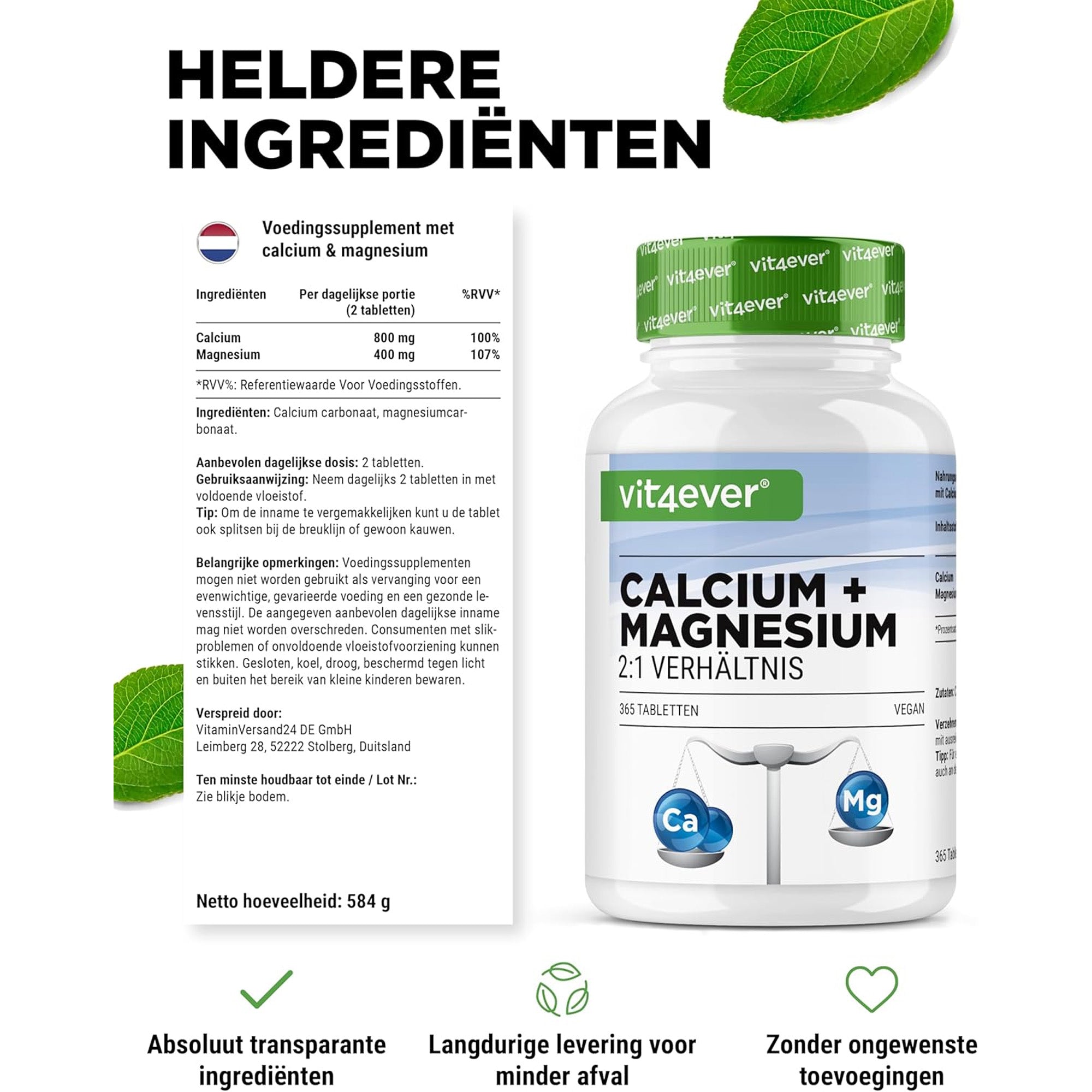 Calcium + Magnesiumoxide | 1200mg | 2:1 verhouding | 365 Tabletten | Vit4ever