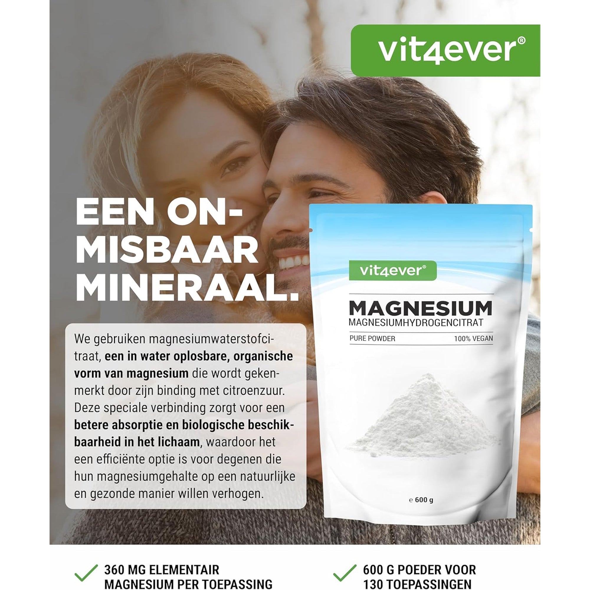 vit4ever magnesium pure poeder, 100% vegan en vrij van toevoegingen