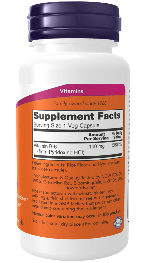 Vitamine B6 | Now Foods | 250 Vegetarische Capsules | 5 daagse doseirng 100mg Pyridoxine HCl per capsule