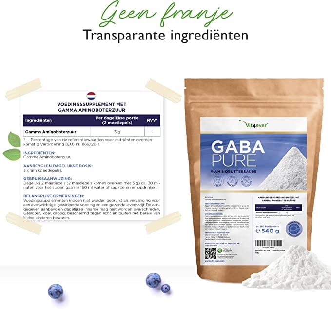 GABA Pure | 540 g zuiver poeder zonder toevoegingen | laboratoriumgetest | 100% gamma-aminoboterzuur | 180 porties | veganistisch | Vit4ever