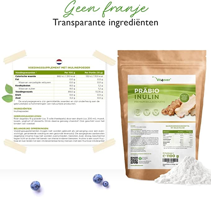 Prebio Inuline Poeder | 1100 g (1,1 kg) | Hoog vezelgehalte | prebioticum | Gecontroleerd op residuen | Herkomst van Europa | Natuurlijk uit de cicoree wortel | 100% veganistisch | Vit4ever