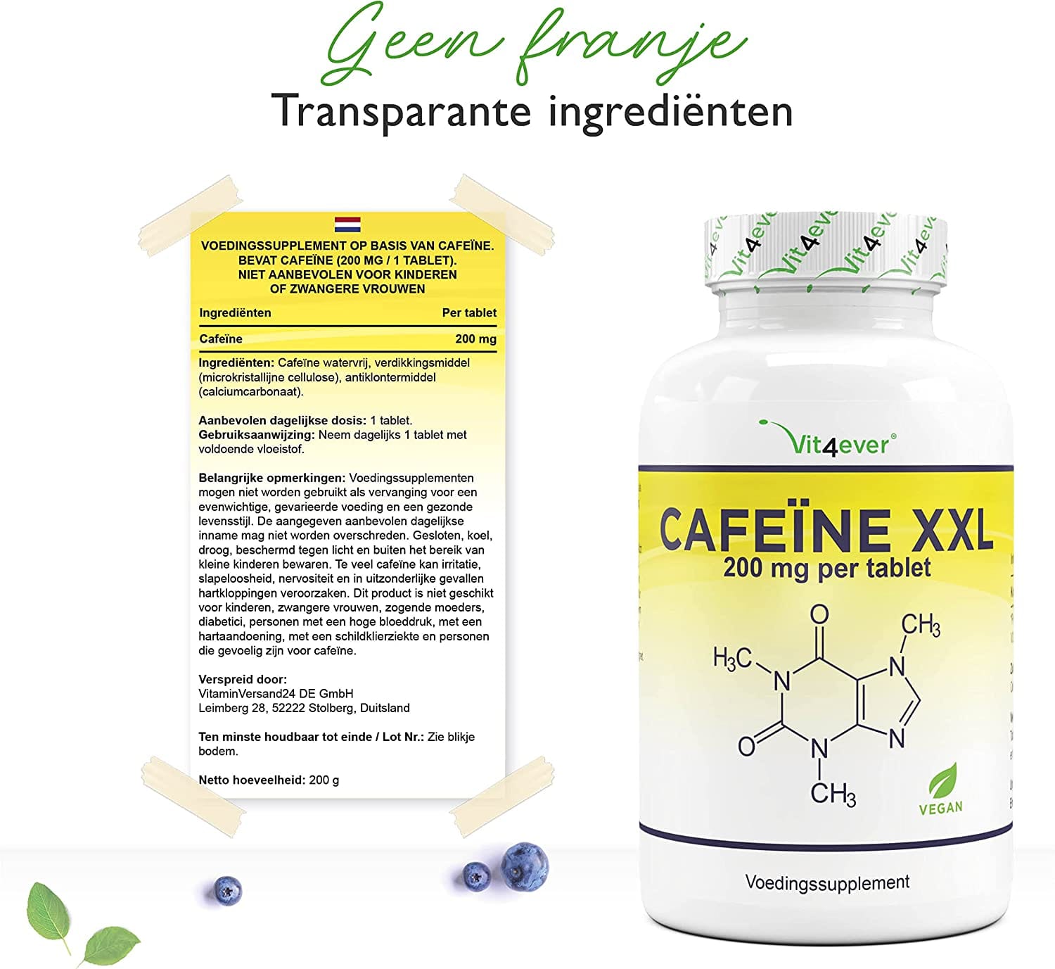Cafeïne Pillen | 200 mg | 500 Caffeine tabletten | Hóge dosering | Veganistisch | Premium kwaliteit | Vit4ever