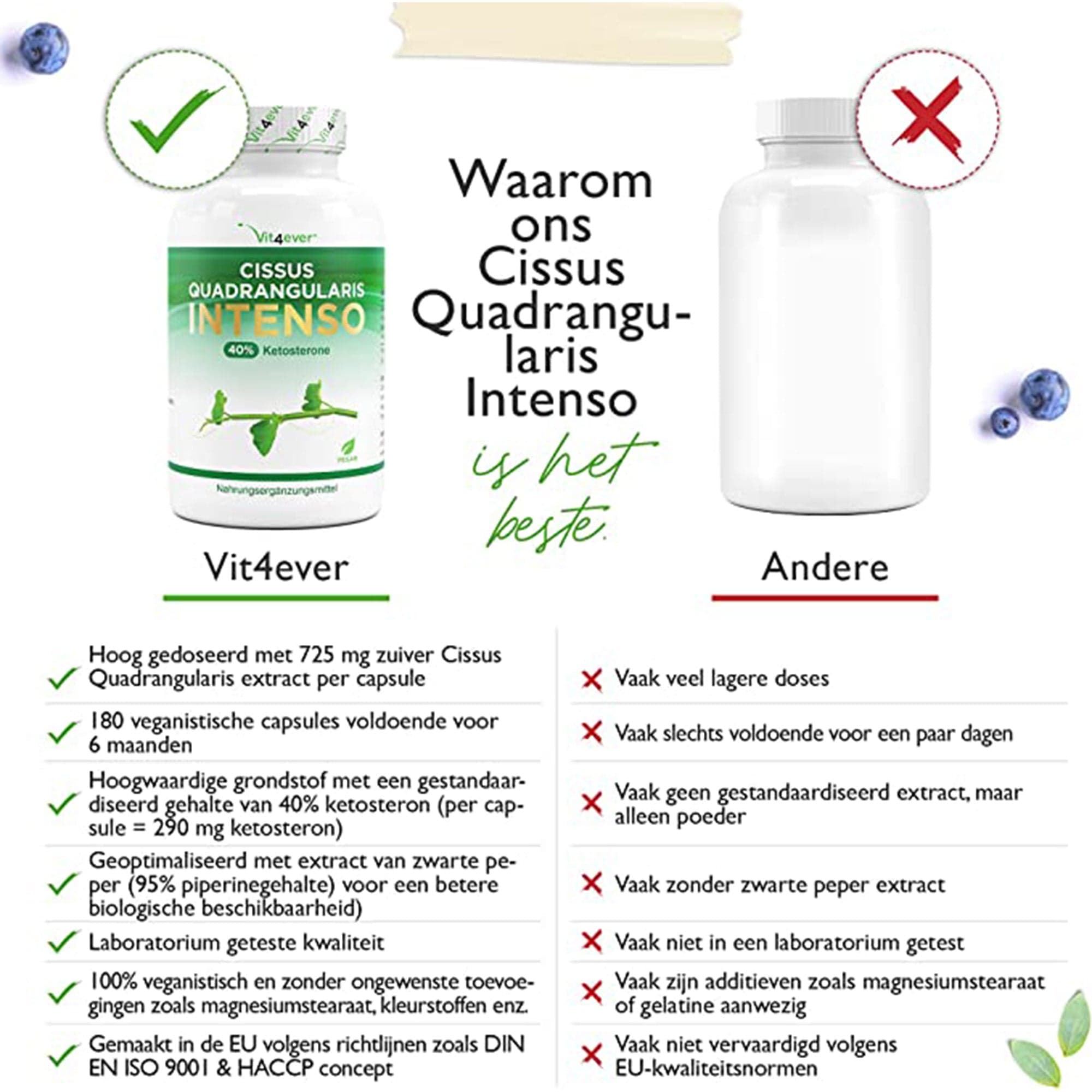 Vit4ever Cissus Quadrangularis | 180 capsules met 720 mg extract | Premium: 40% Ketosteron + Zwarte Peper | Hoge Dosis | Veganistisch