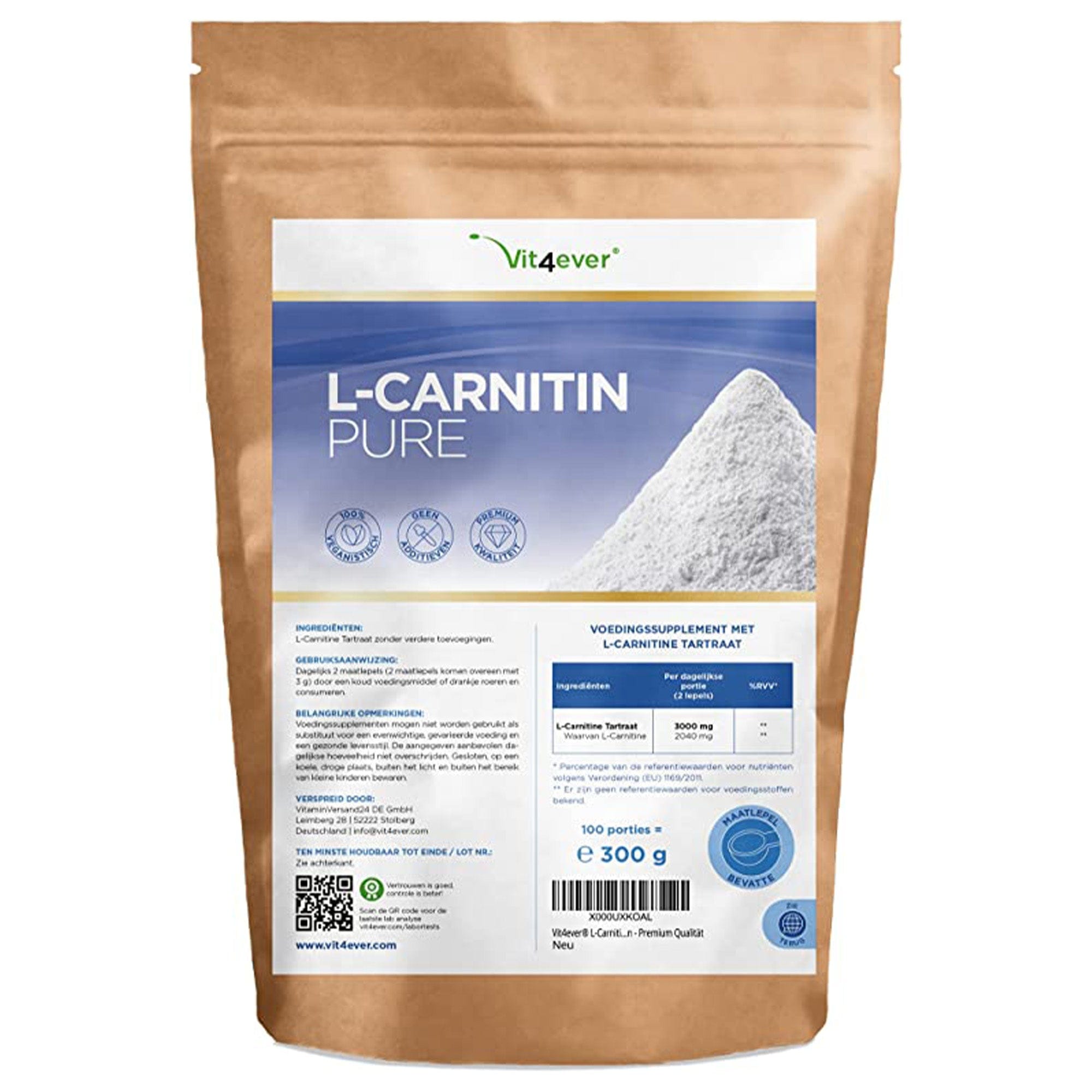 Vit4ever L-carnitine Pure | 300 g zuiver poeder zonder toevoegingen | 100% L-carnitine tartraat | 100 porties met 3000 mg carnitinepoeder | laboratoriumgetest | veganistisch | hoge dosering