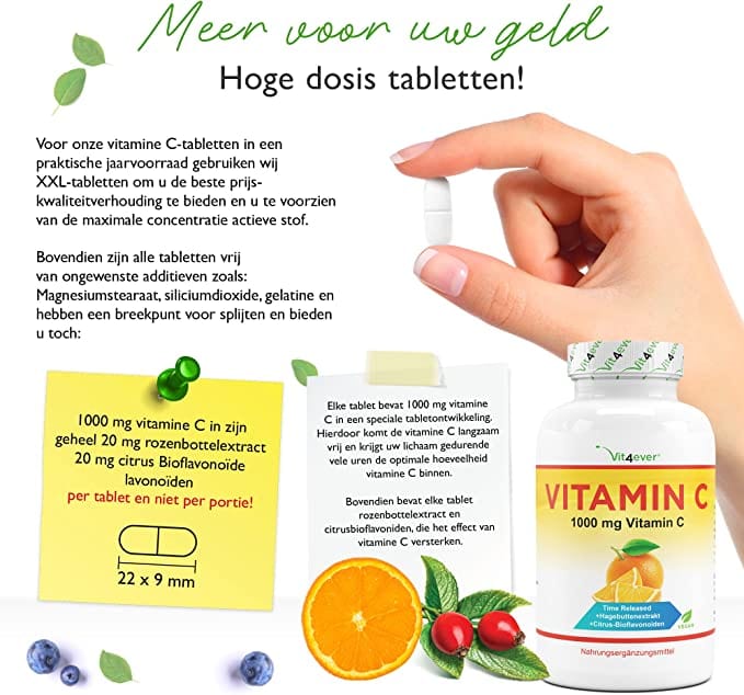 Vitmaine C + Rozenbottelextract + Citrus Bioflavonoïden | 1000mg | 365 Tabletten | Vit4ever