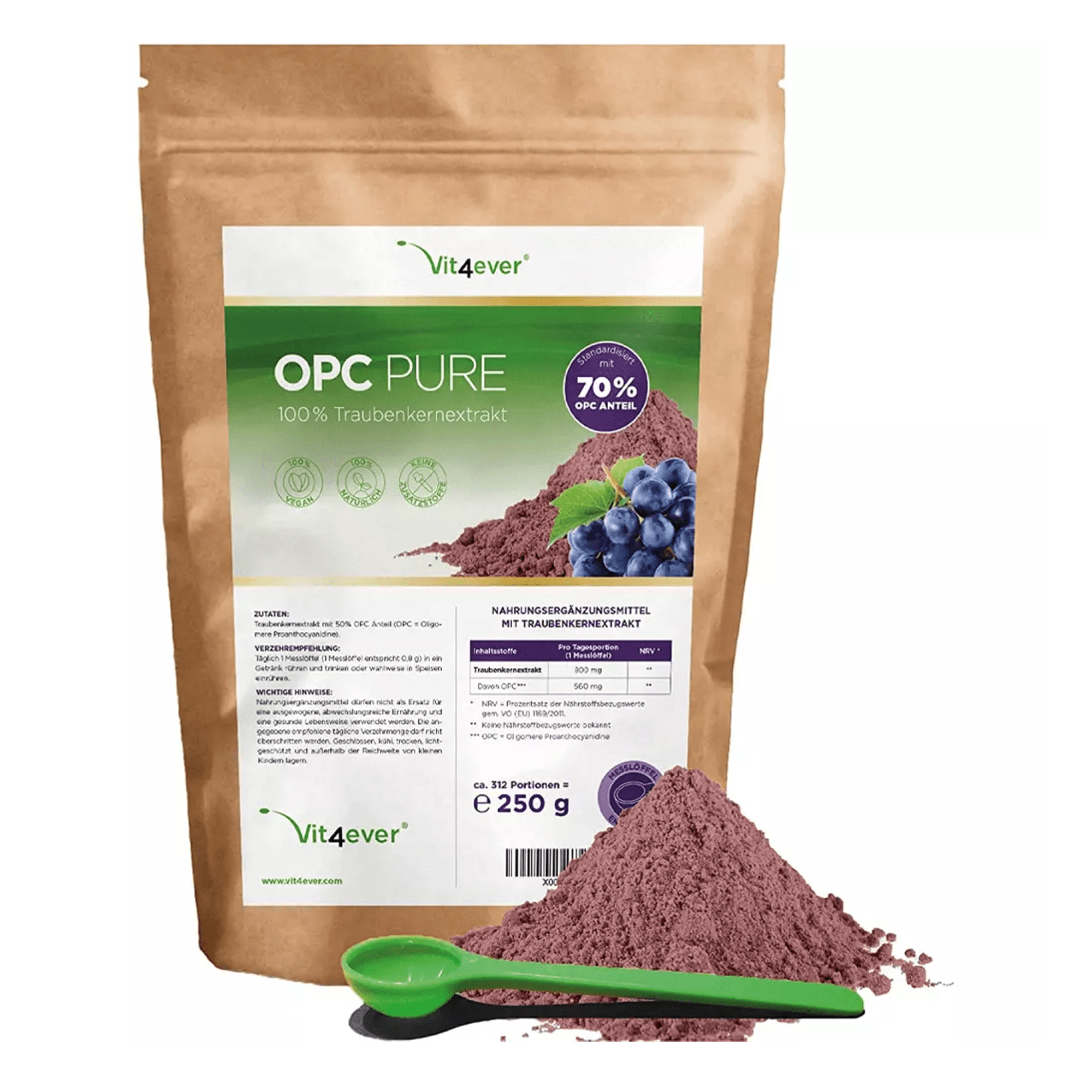 OPC Druivenpitextractpoeder | 250 g | Pure OPC van Europese druiven | Brievenbus paket | Vit4ever