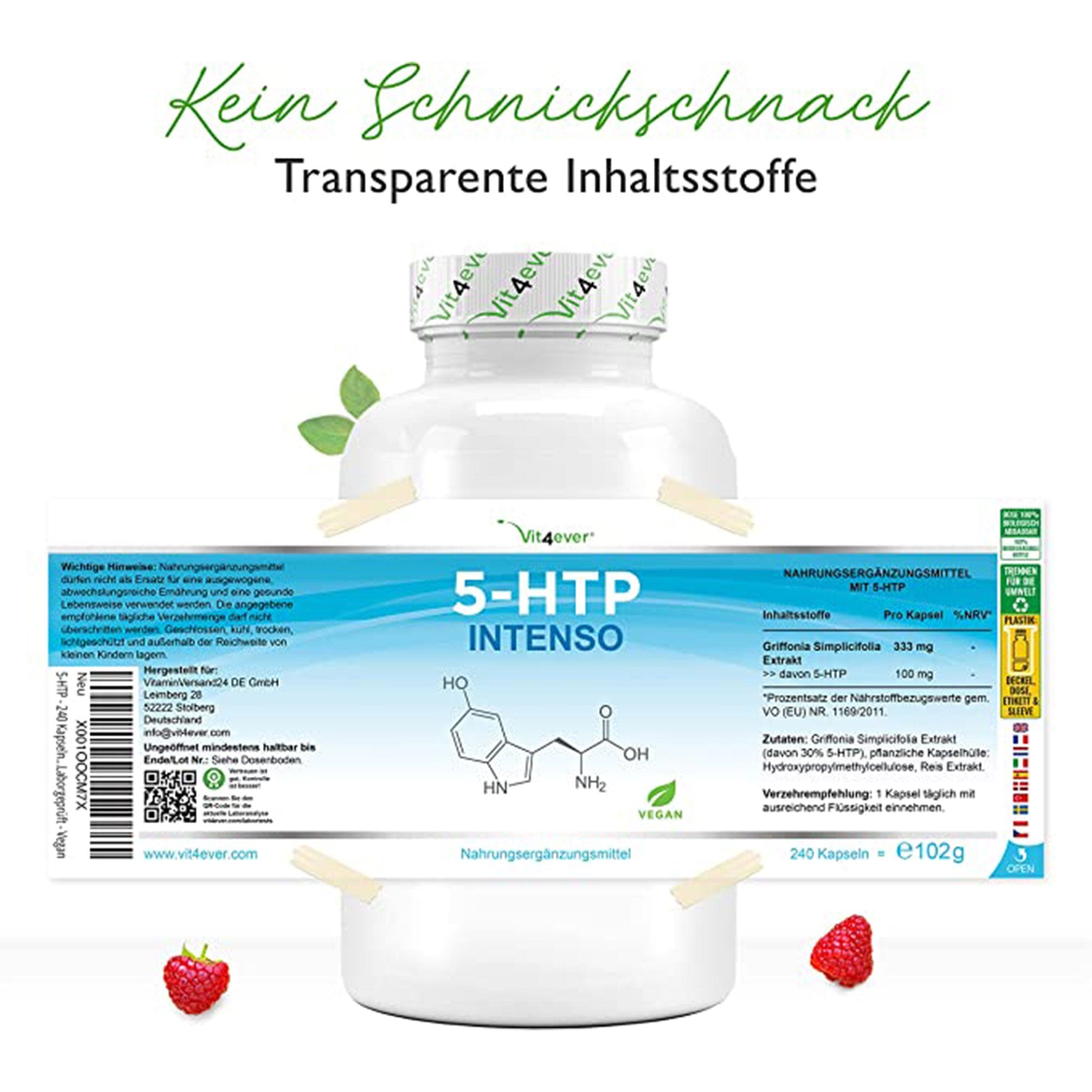 Vit4ever 5-HTP | 240 capsules met 333 mg natuurlijk Griffonia Simplicifolia-extract | 8 maanden verzorging | Peak-X-vrij | hoge dosering | veganistisch